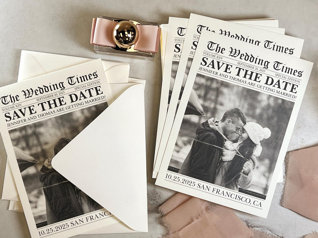 Newspaper save the date card, printed wedding stationary, invitation, personalized and customizable