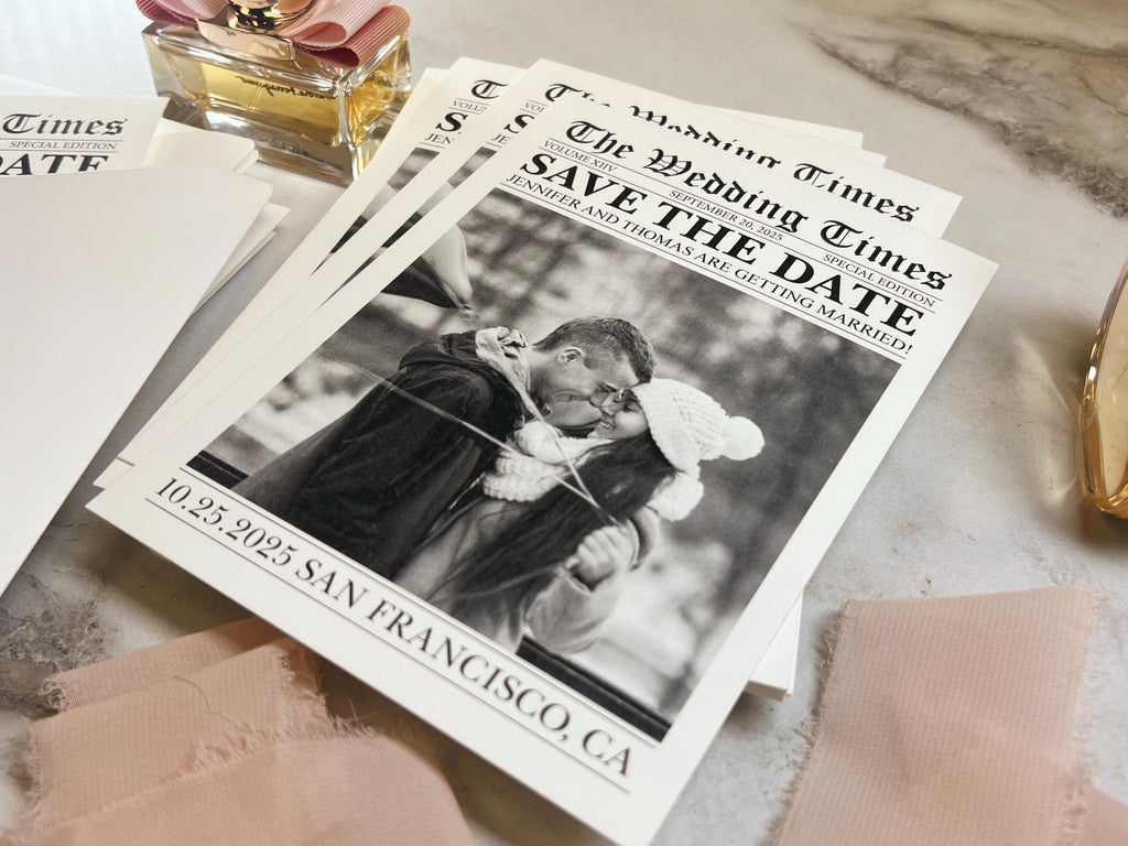 Newspaper save the date card, printed wedding stationary, invitation, personalized and customizable