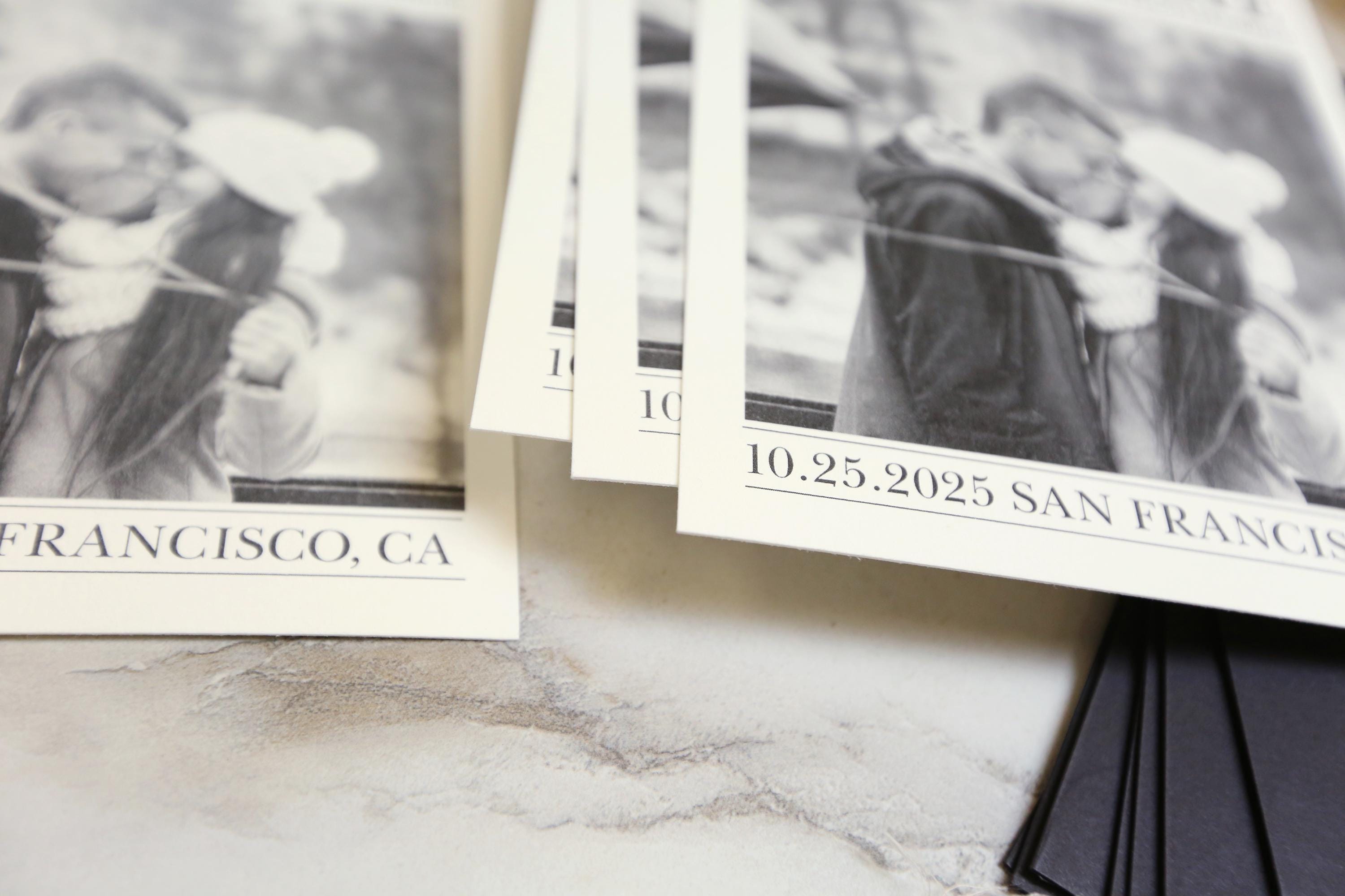 Newspaper save the date card with optional black envelope printing, printed wedding stationary, invitation, personalized and customizable