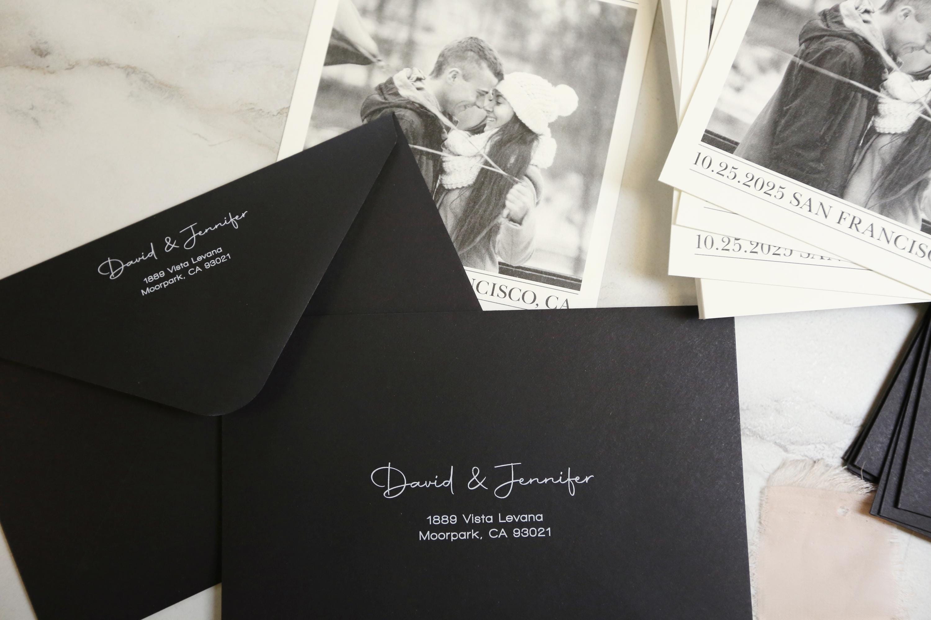 Newspaper save the date card with optional black envelope printing, printed wedding stationary, invitation, personalized and customizable