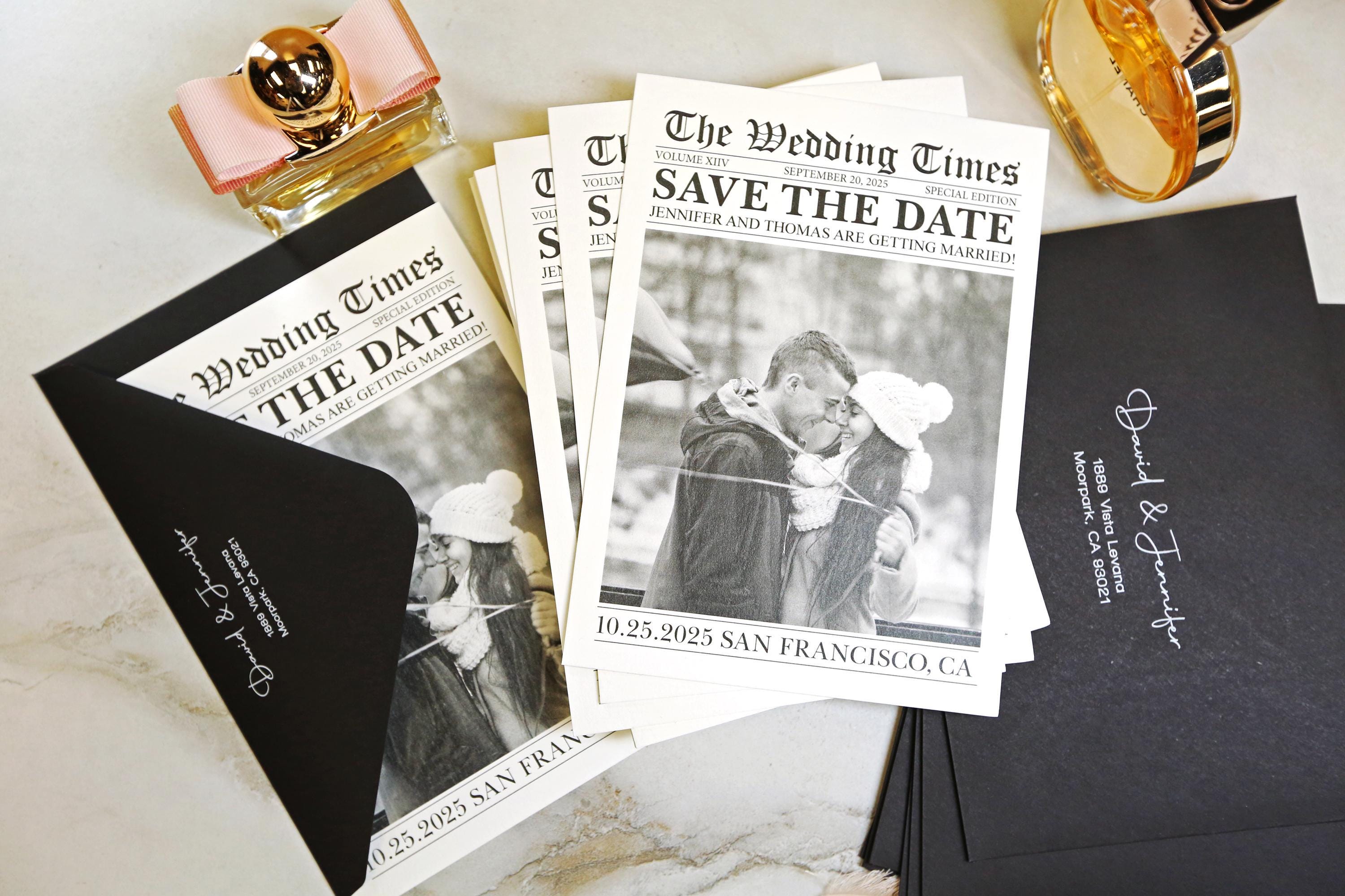 Newspaper save the date card with optional black envelope printing, printed wedding stationary, invitation, personalized and customizable