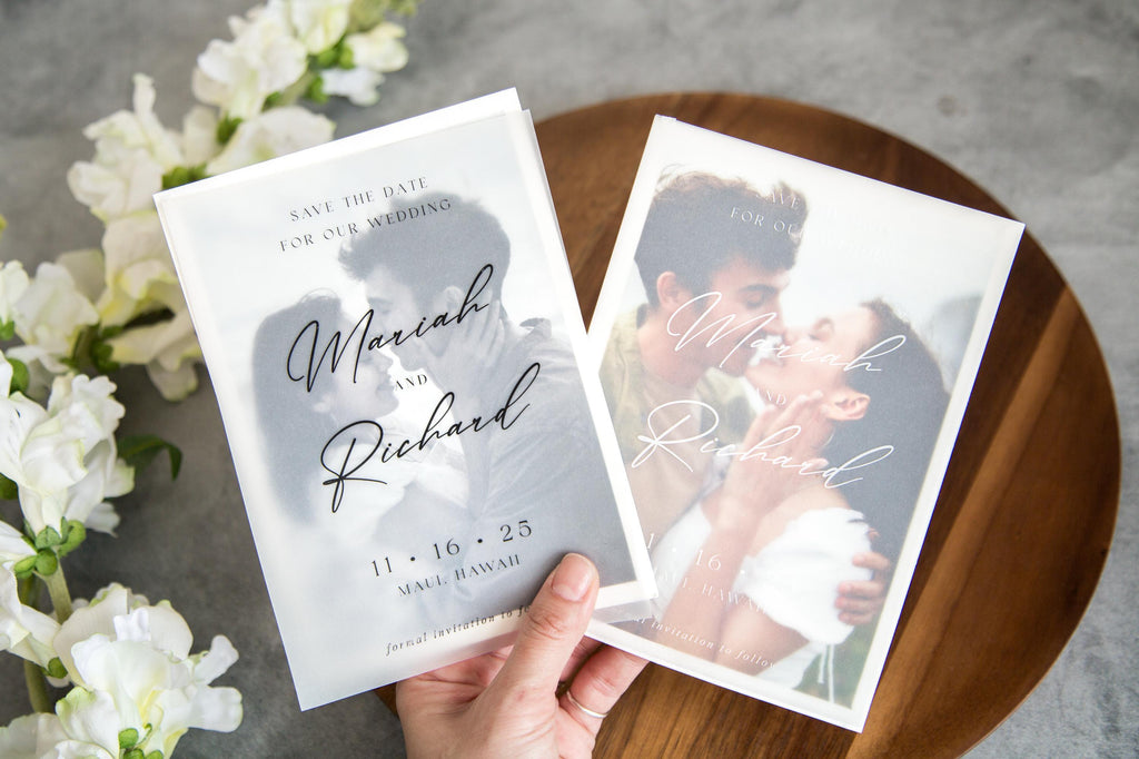 Printed vellum save the dates, vellum overlay, wedding invitation, white or black ink, photo save the date