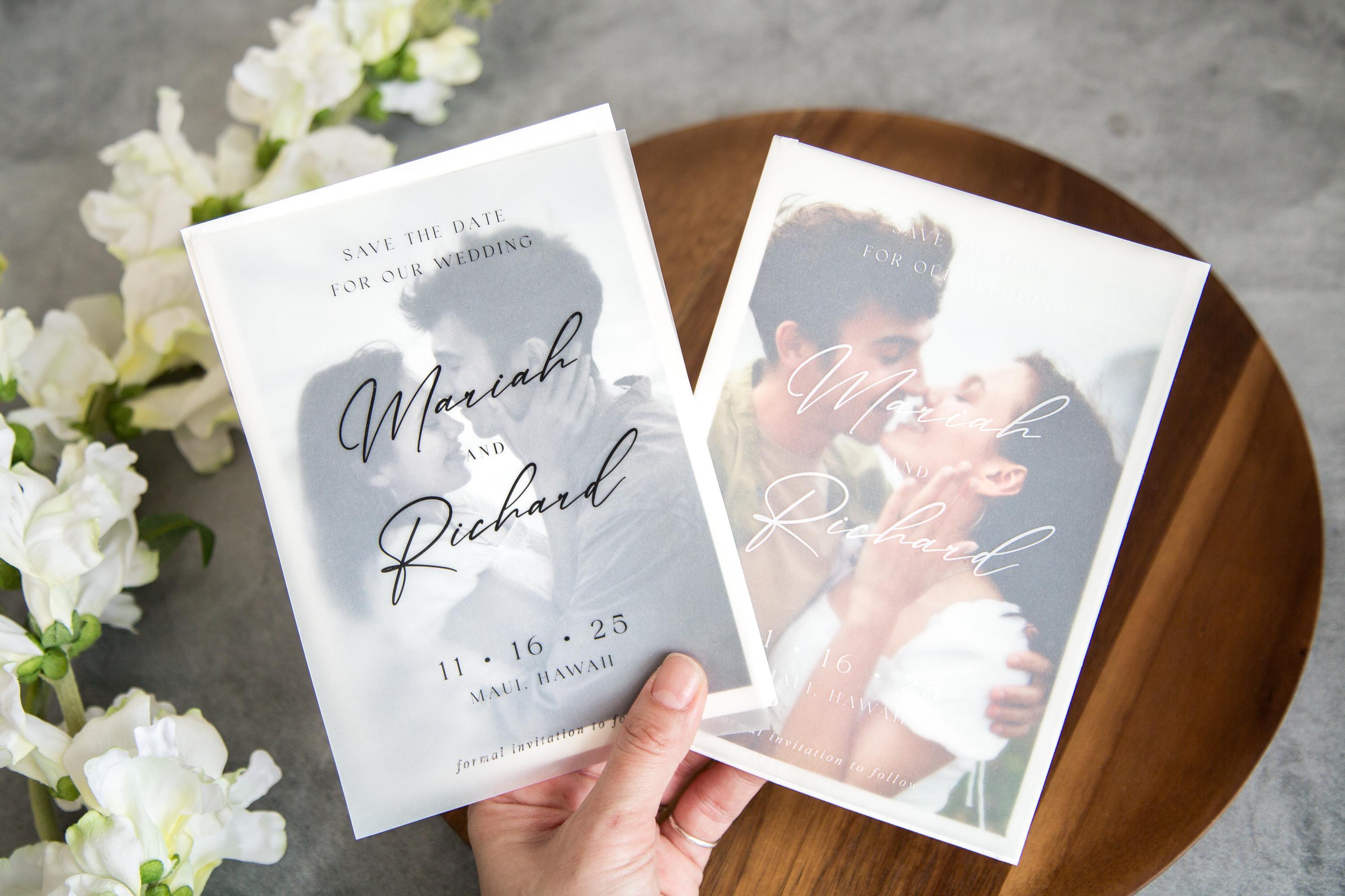 Printed vellum save the dates, vellum overlay, wedding invitation, white or black ink, photo save the date