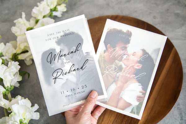 Printed vellum save the dates, vellum overlay, wedding invitation, white or black ink, photo save the date