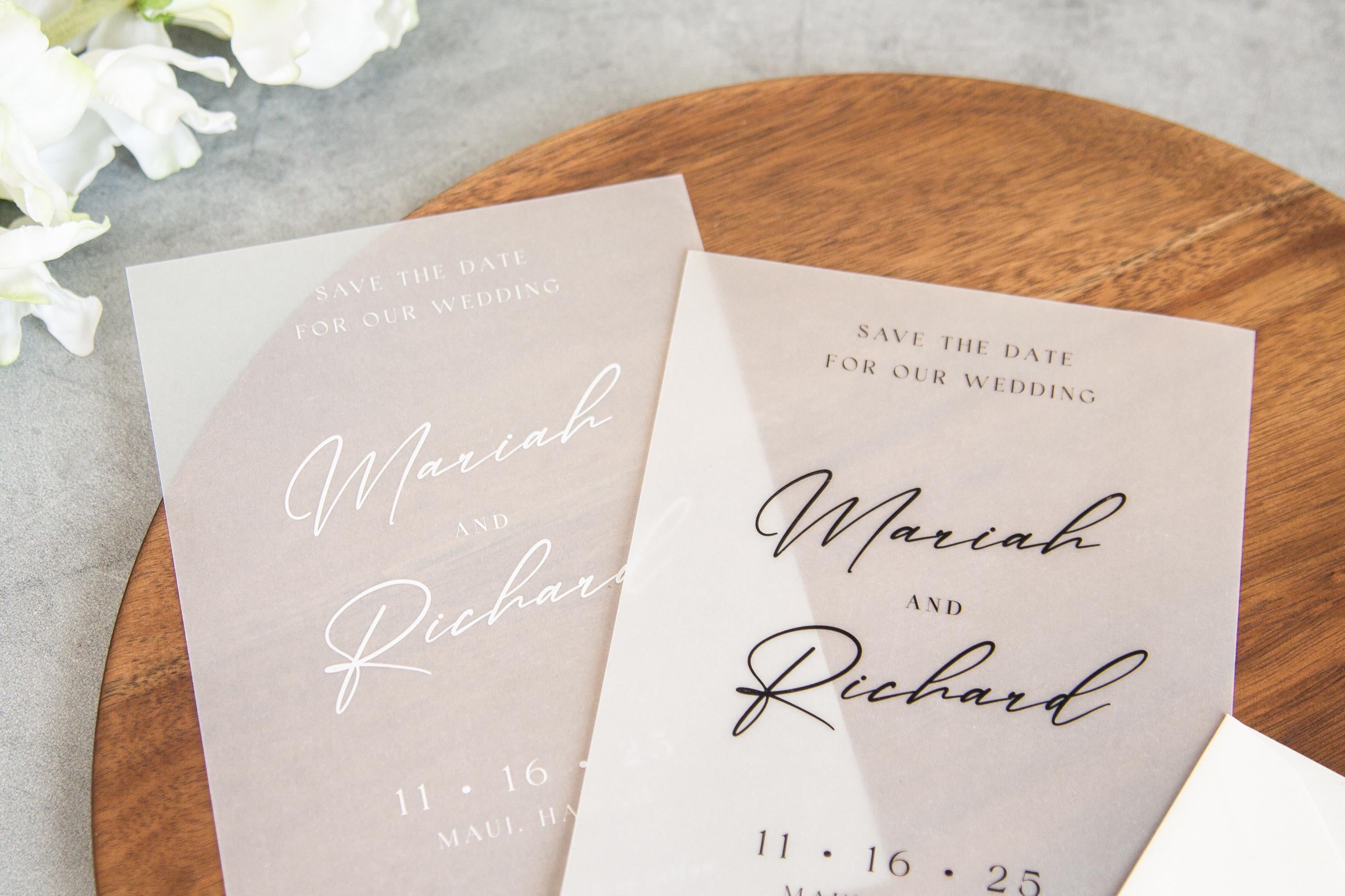 Printed vellum save the dates, vellum overlay, wedding invitation, white or black ink, photo save the date