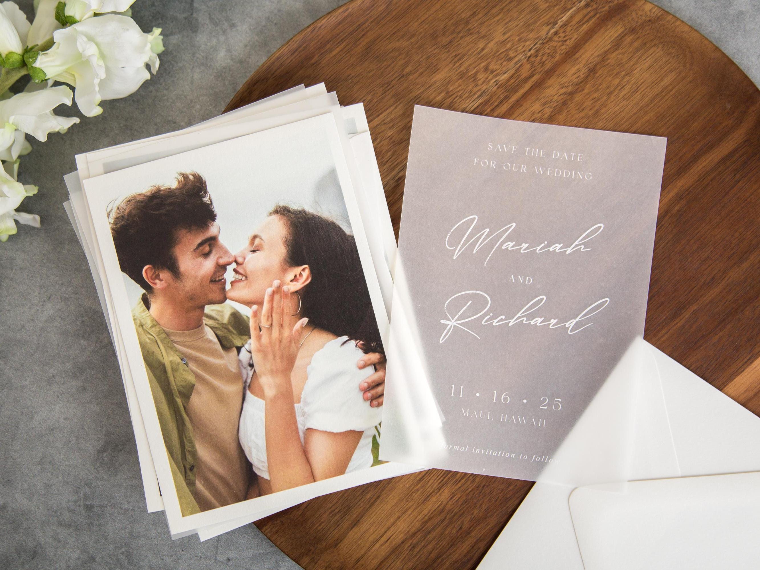 Printed vellum save the dates, vellum overlay, wedding invitation, white or black ink, photo save the date