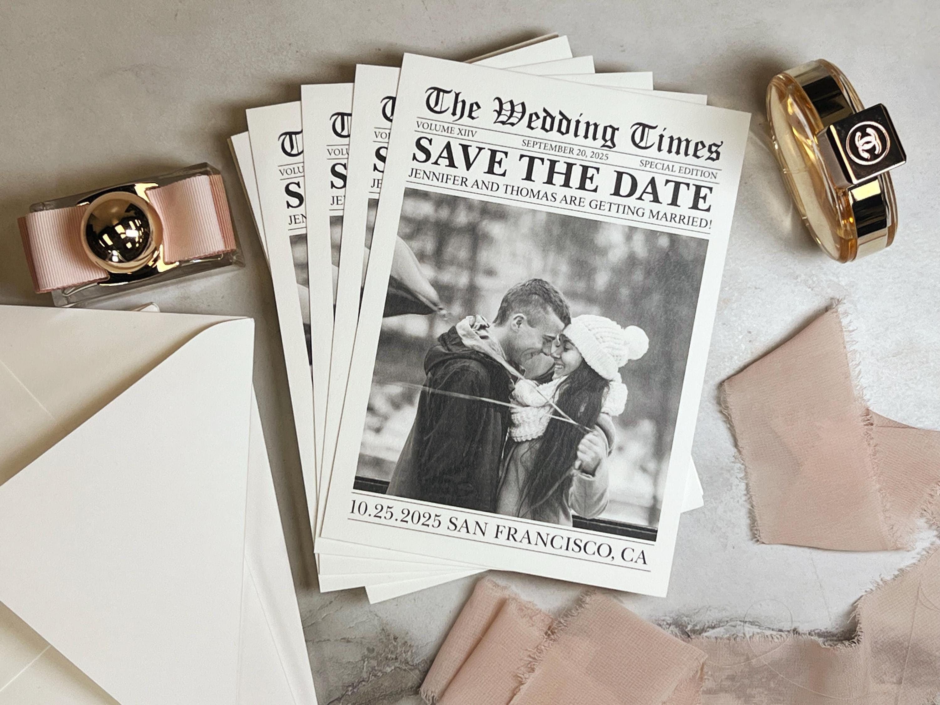 Newspaper save the date card, printed wedding stationary, invitation, personalized and customizable