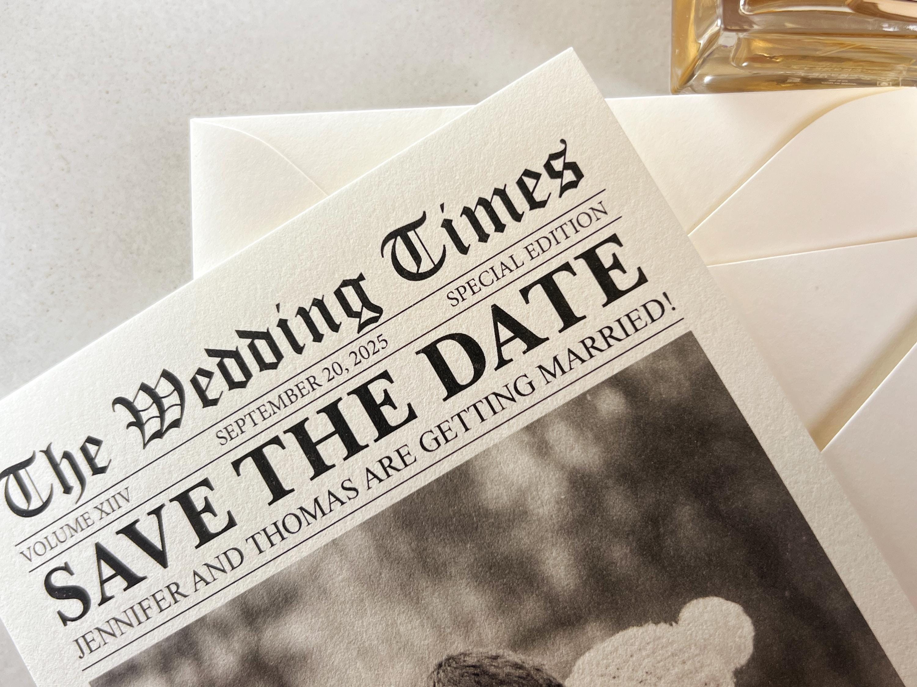 Newspaper save the date card, printed wedding stationary, invitation, personalized and customizable