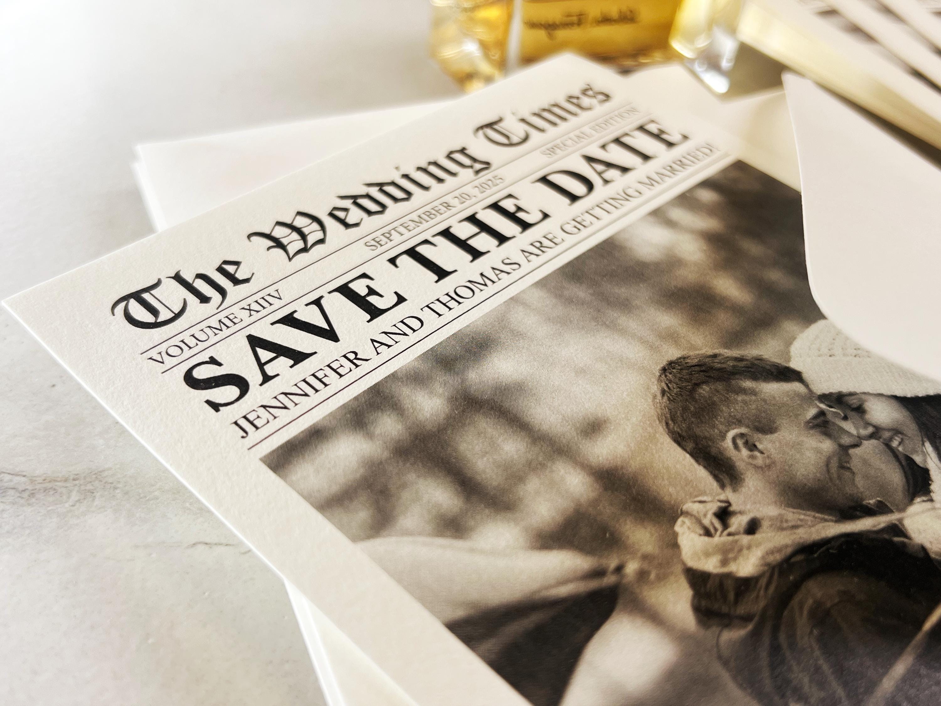 Newspaper save the date card, printed wedding stationary, invitation, personalized and customizable