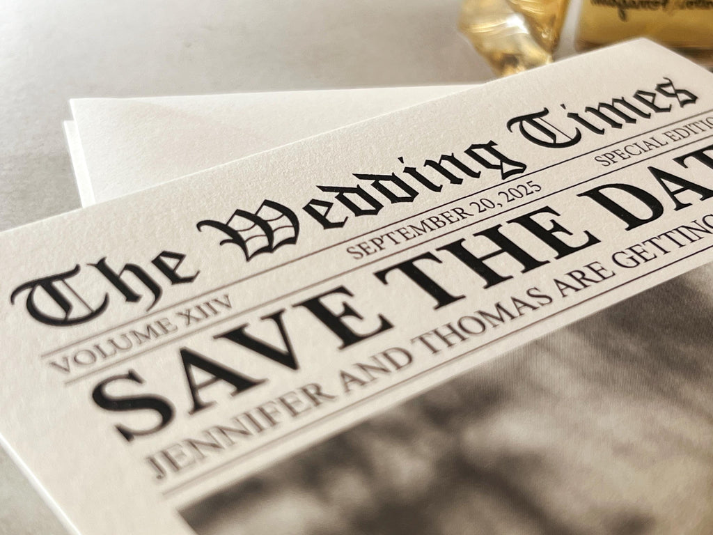 Newspaper save the date card, printed wedding stationary, invitation, personalized and customizable