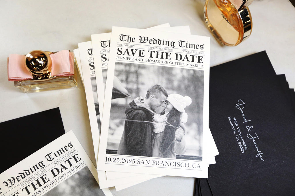 Newspaper save the date card with optional black envelope printing, printed wedding stationary, invitation, personalized and customizable