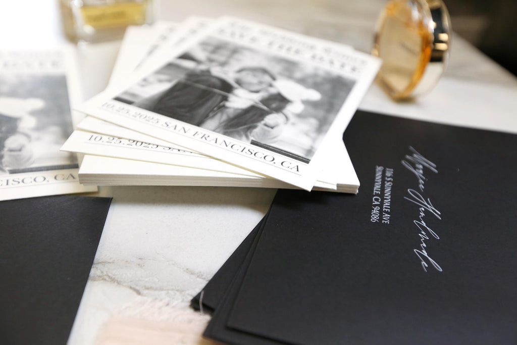 Newspaper save the date card with optional black envelope printing, printed wedding stationary, invitation, personalized and customizable