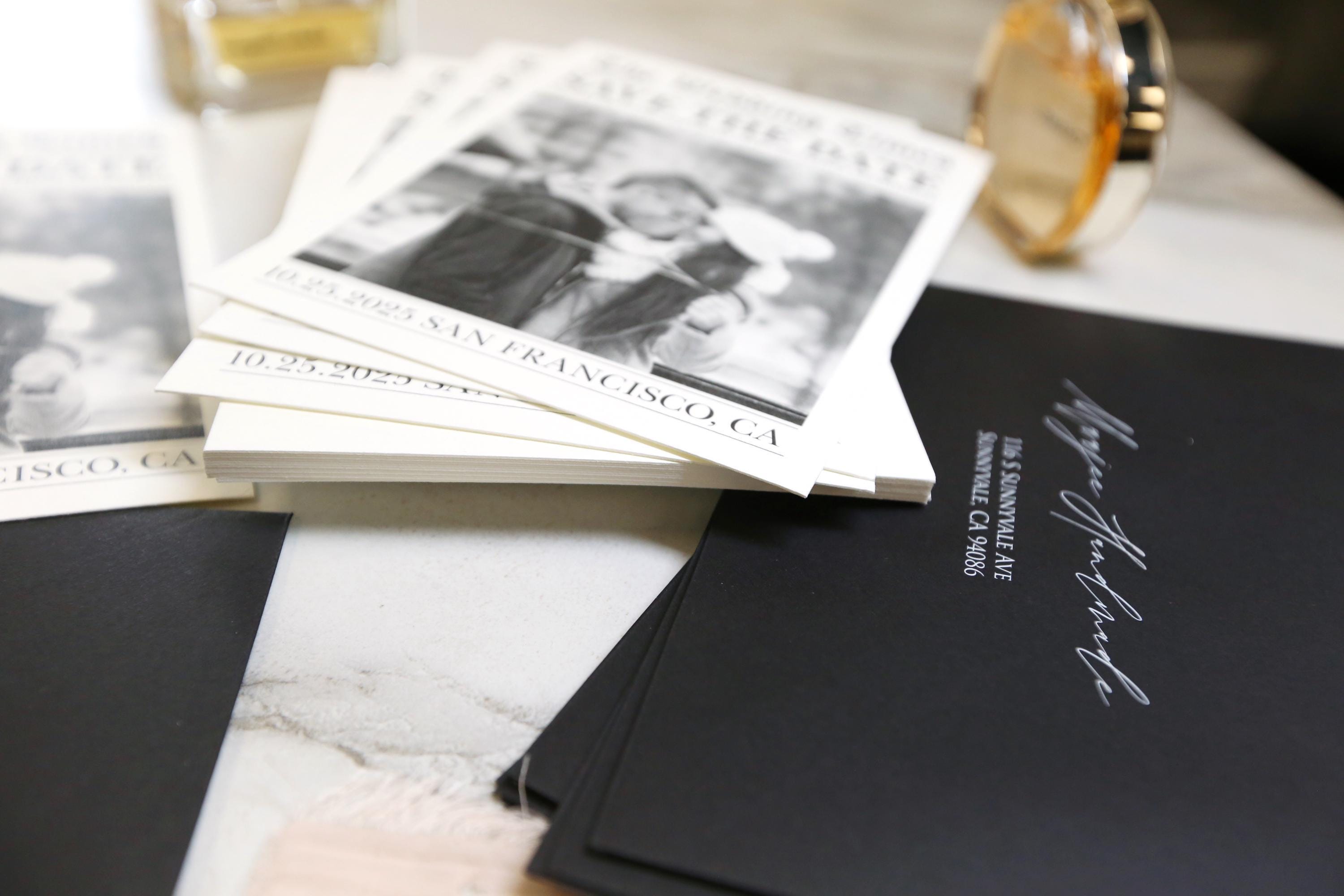 Newspaper save the date card with optional black envelope printing, printed wedding stationary, invitation, personalized and customizable