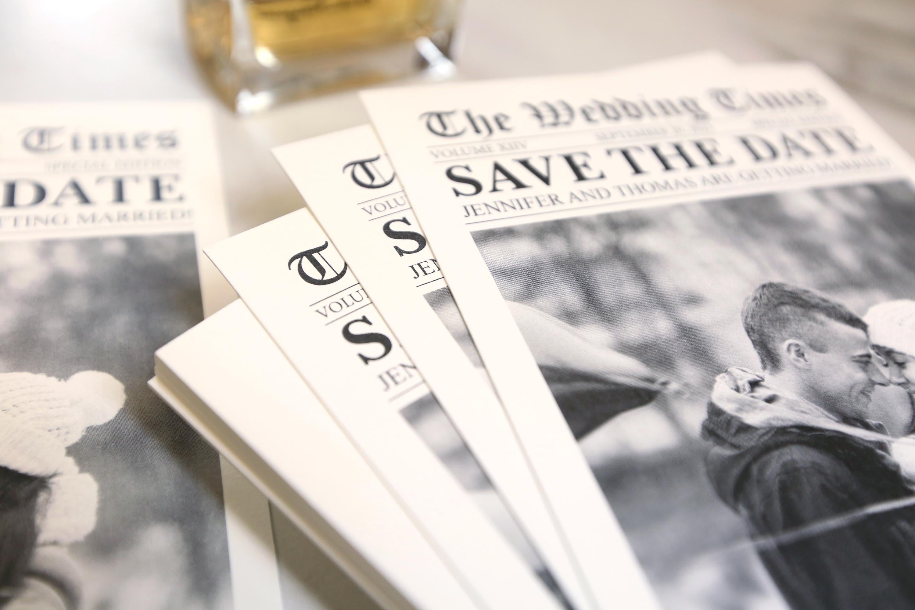 Newspaper save the date card with optional black envelope printing, printed wedding stationary, invitation, personalized and customizable