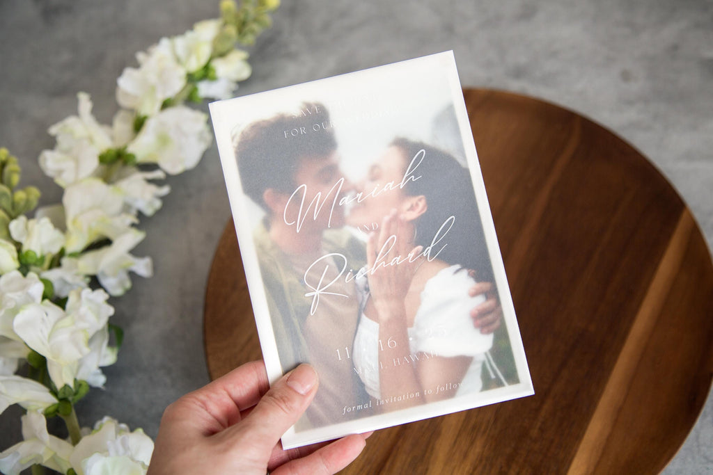 Printed vellum save the dates, vellum overlay, wedding invitation, white or black ink, photo save the date