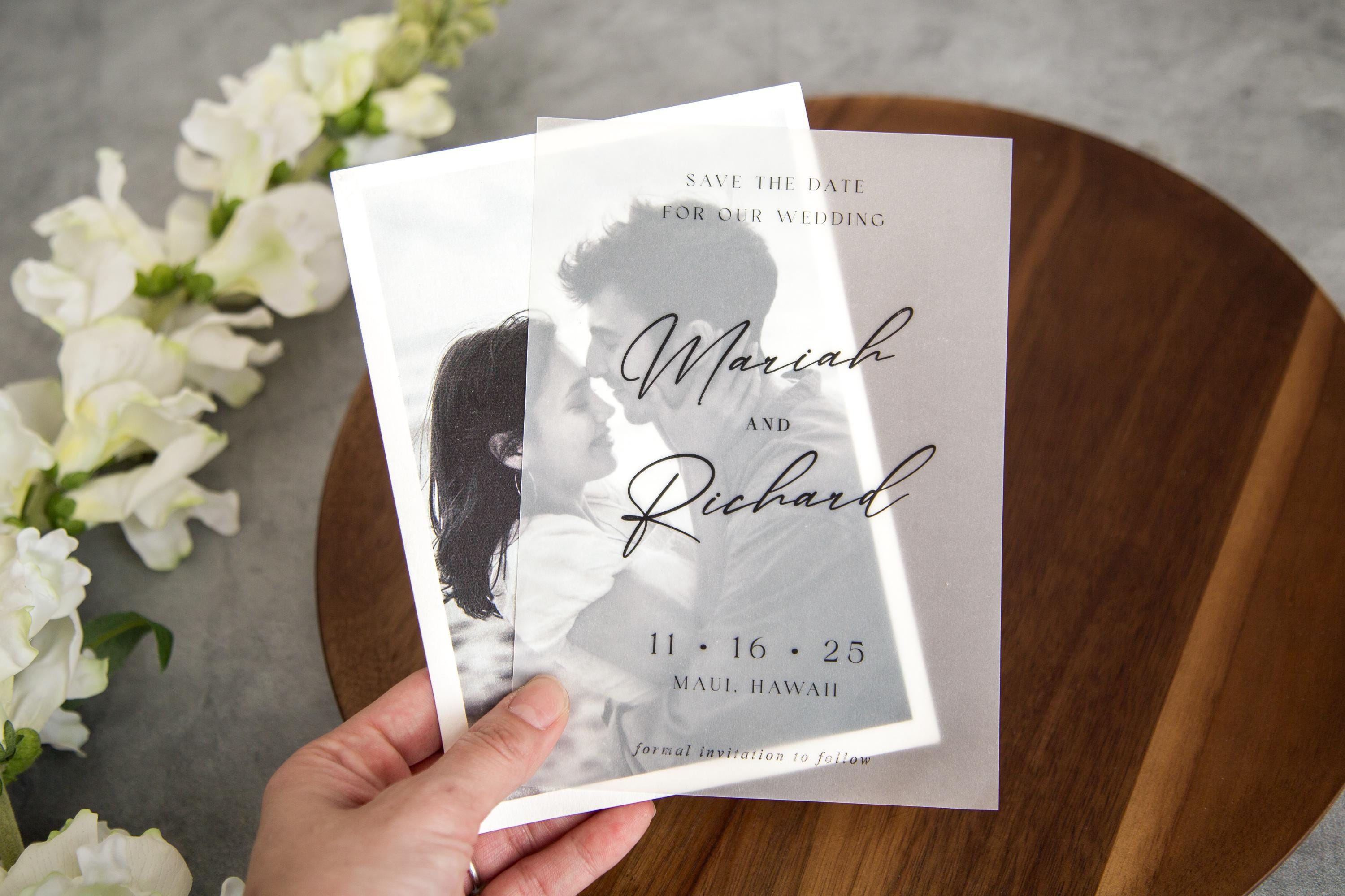 Printed vellum save the dates, vellum overlay, wedding invitation, white or black ink, photo save the date