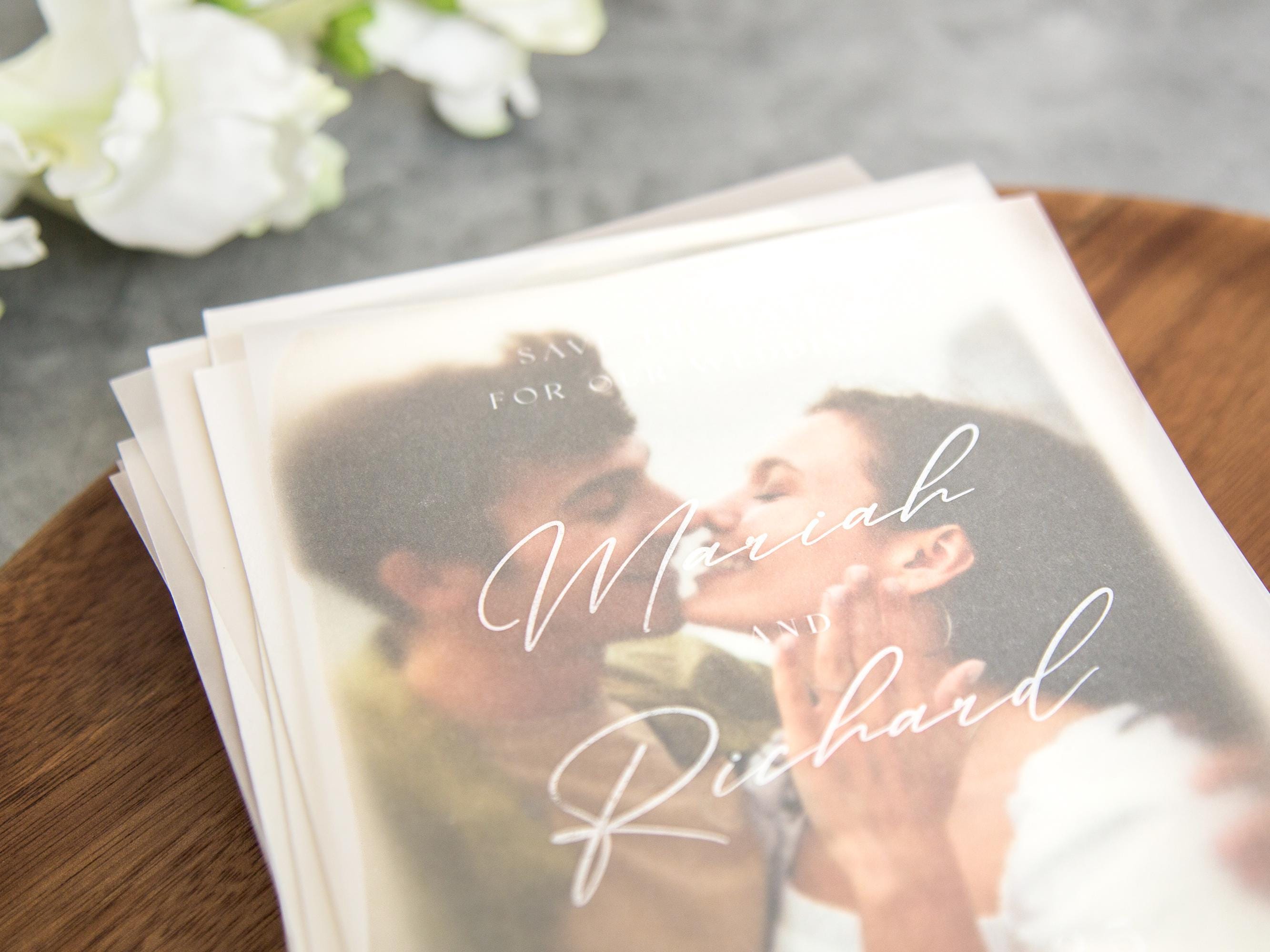 Printed vellum save the dates, vellum overlay, wedding invitation, white or black ink, photo save the date