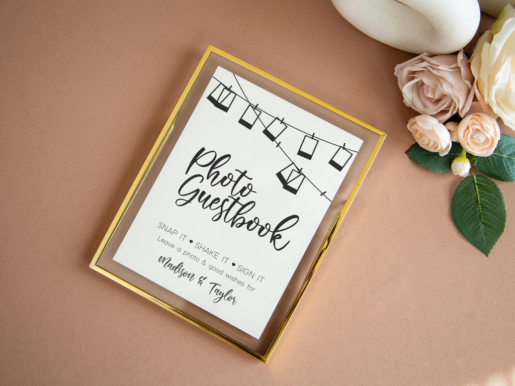 Paper Sign with Gold Frame (Design 2) - Snap It Shake It Sign Our Guest Book Sign for Wedding Reception Personalized Photo Guestbook Sign