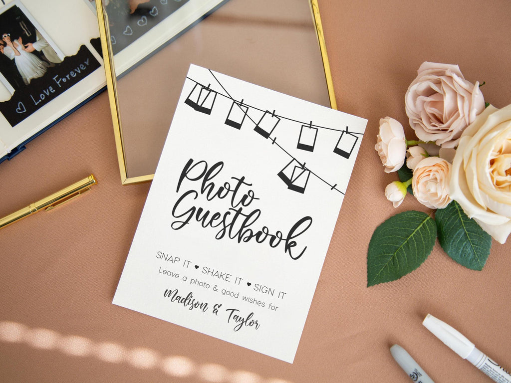 Paper Sign with Gold Frame (Design 2) - Snap It Shake It Sign Our Guest Book Sign for Wedding Reception Personalized Photo Guestbook Sign