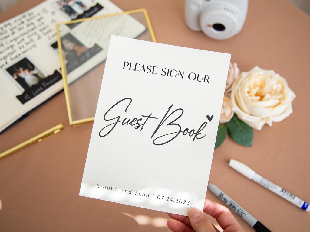 Paper Sign with Gold Frame (Design 3) - Please Sign Our Guestbook Wedding Ceremony Reception Decor Personalized Signage Plaque Custom Name