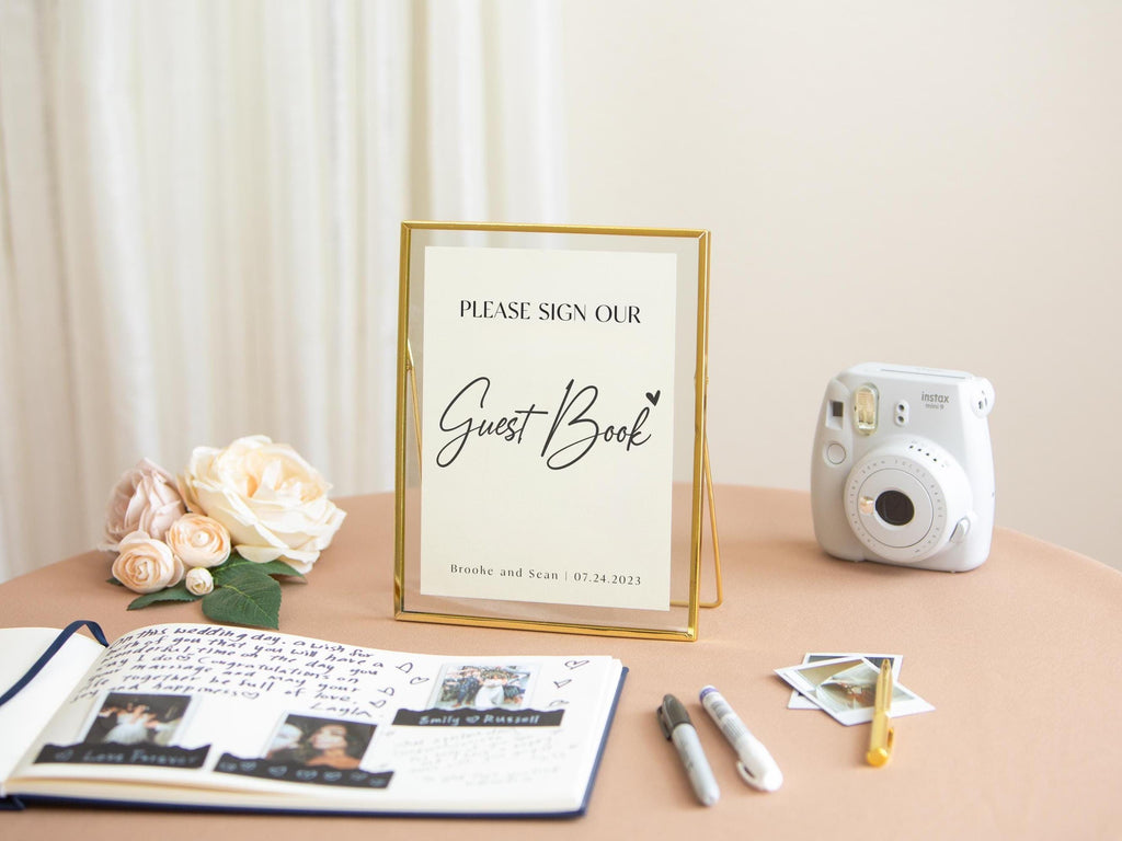 Paper Sign with Gold Frame (Design 3) - Please Sign Our Guestbook Wedding Ceremony Reception Decor Personalized Signage Plaque Custom Name