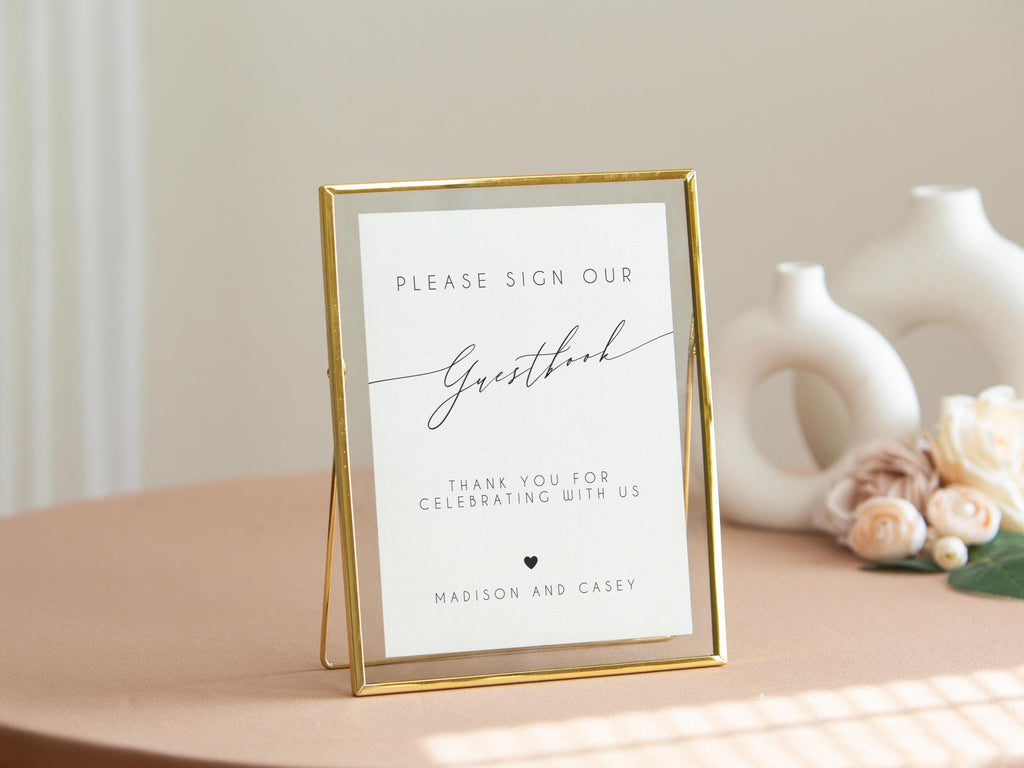 Paper Sign with Gold Frame (Design 4) - Thank You For Celebrating With Us Custom Guestbook Sign Plaque for Modern Wedding Reception Table