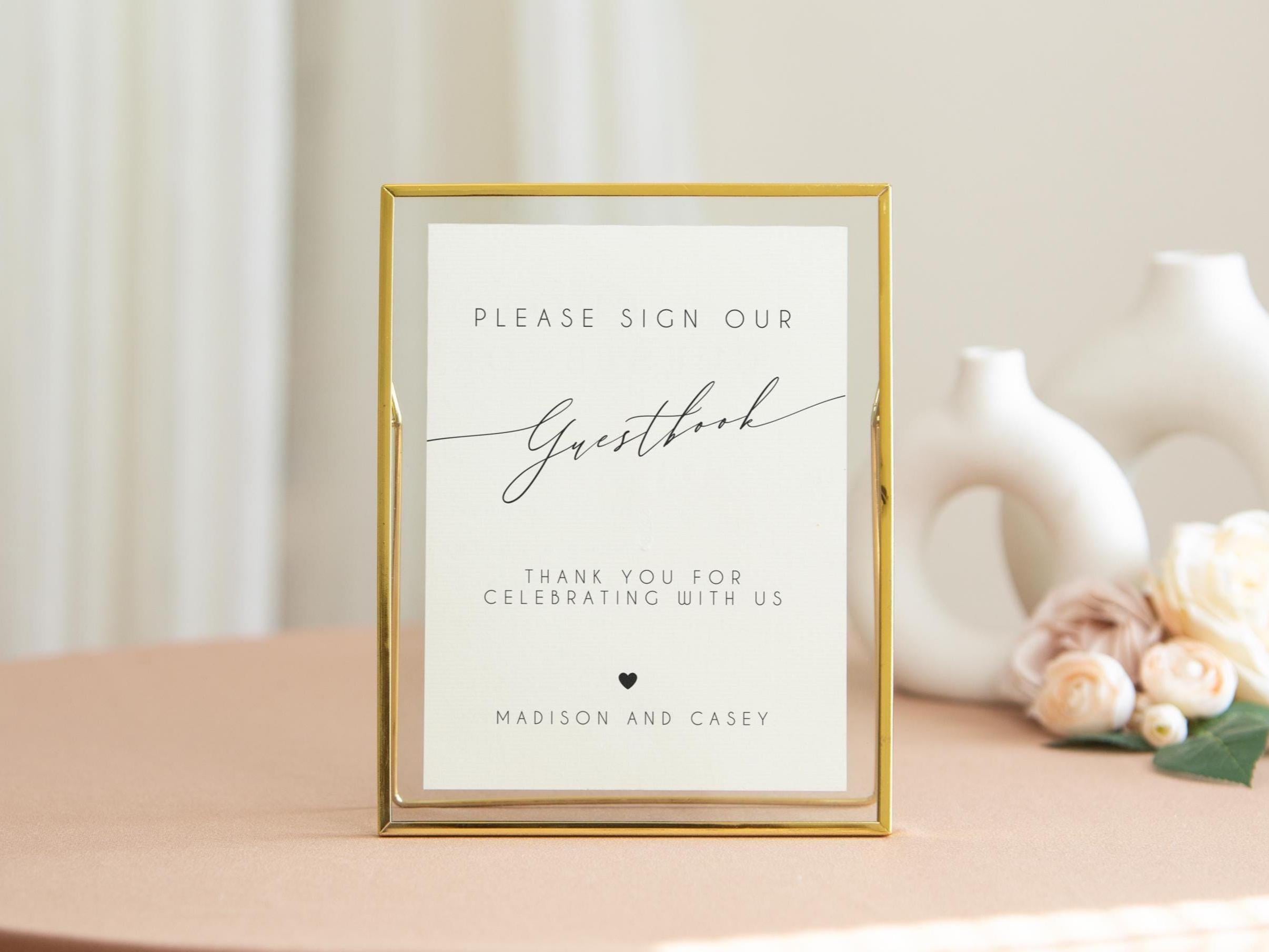 Paper Sign with Gold Frame (Design 4) - Thank You For Celebrating With Us Custom Guestbook Sign Plaque for Modern Wedding Reception Table