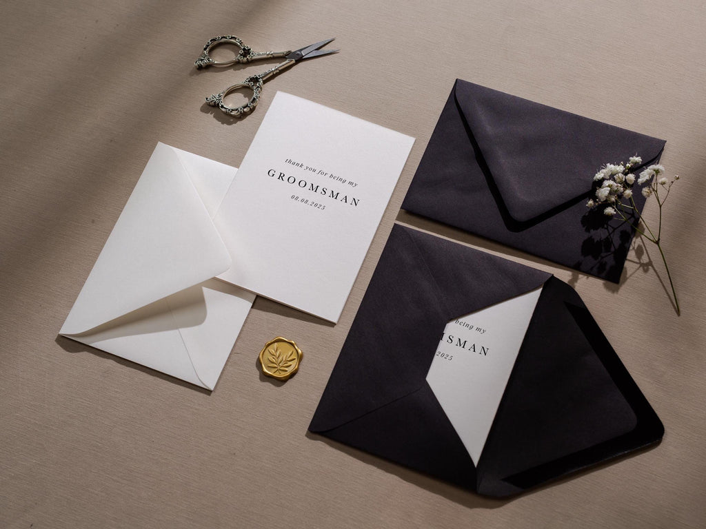 Wedding day folded card (d5) - custom dated thank you for being my groomsman best man ring bearer from groom bride with envelope