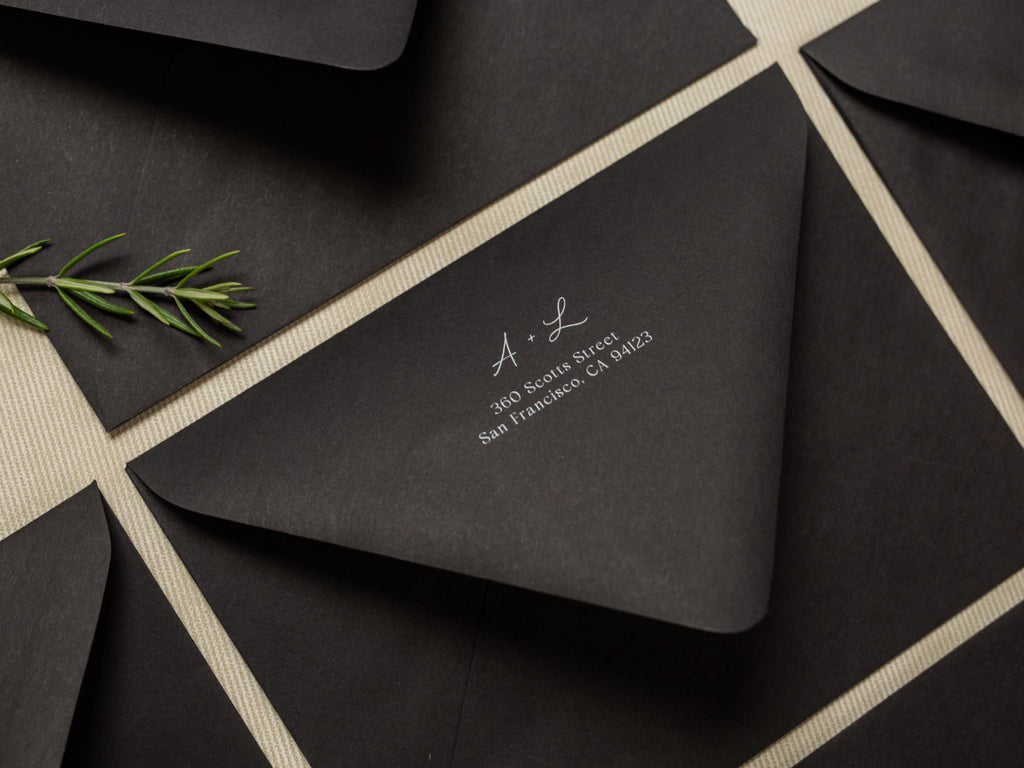 A7 envelope address printing (d1) - with white or black ink custom wedding guest invitation black navy green return envelopes personalized