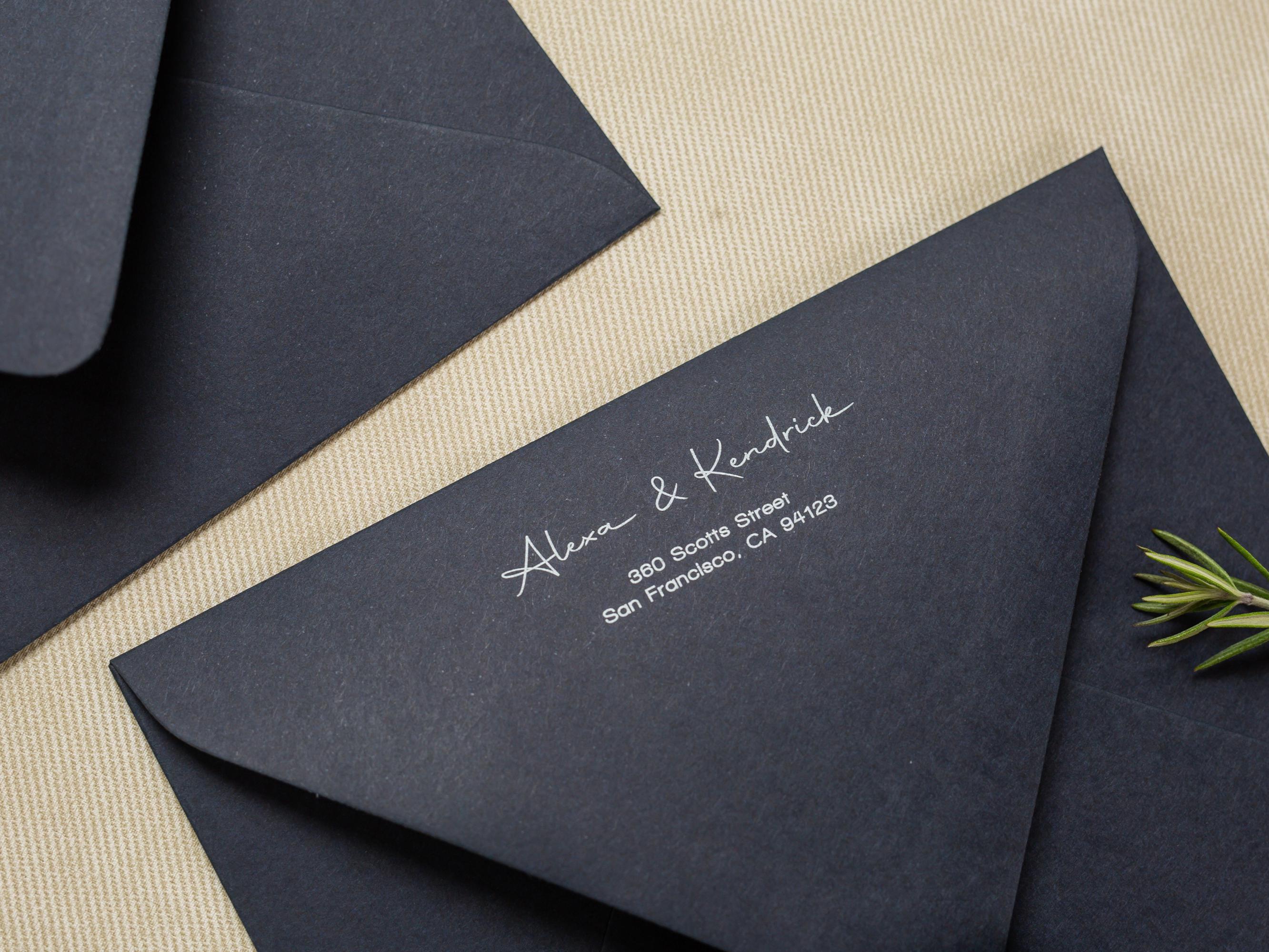 A7 envelope address printing (d3) - with white or black ink custom wedding guest invitation black navy green return envelopes personalized