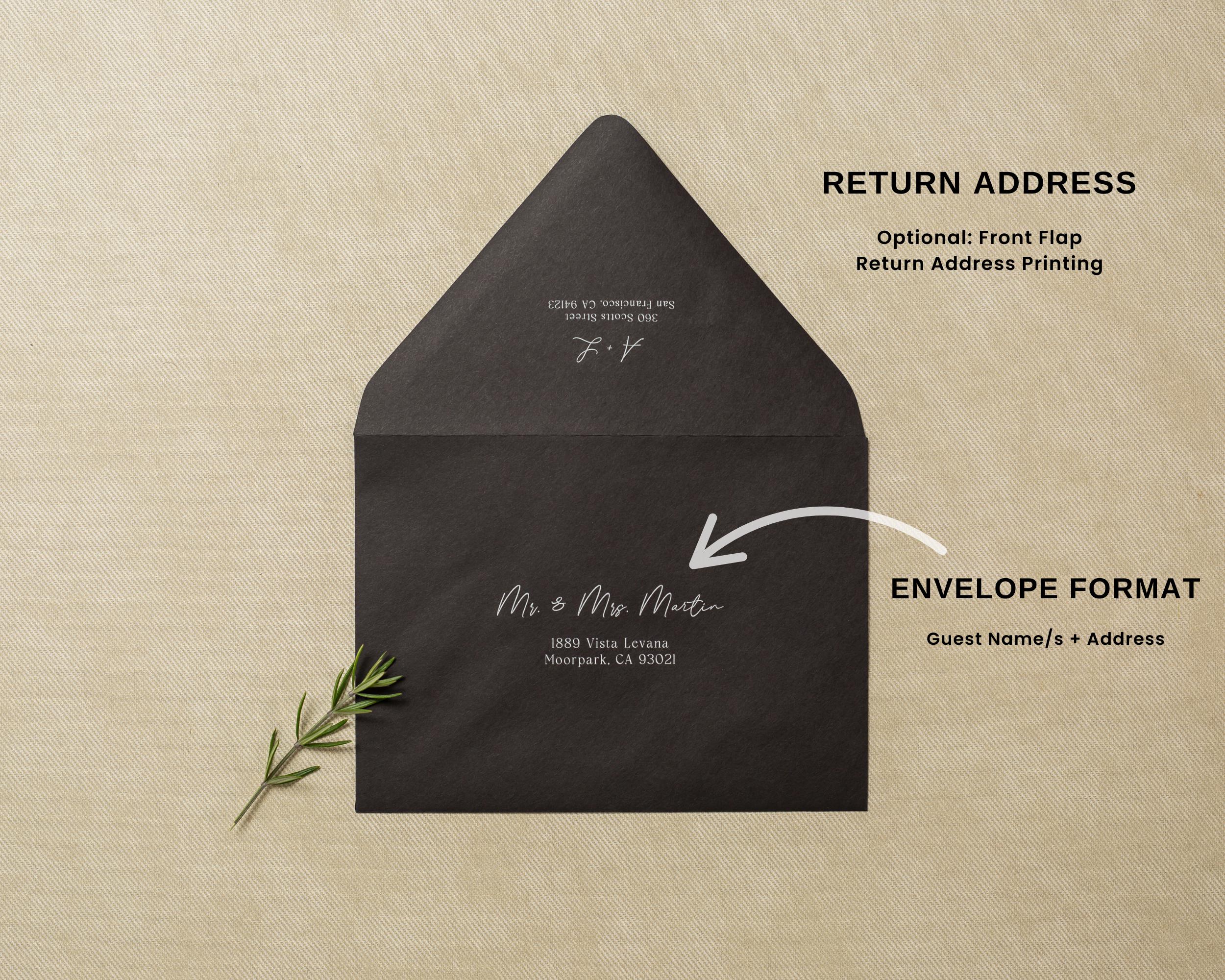 A7 envelope address printing (d1) - with white or black ink custom wedding guest invitation black navy green return envelopes personalized