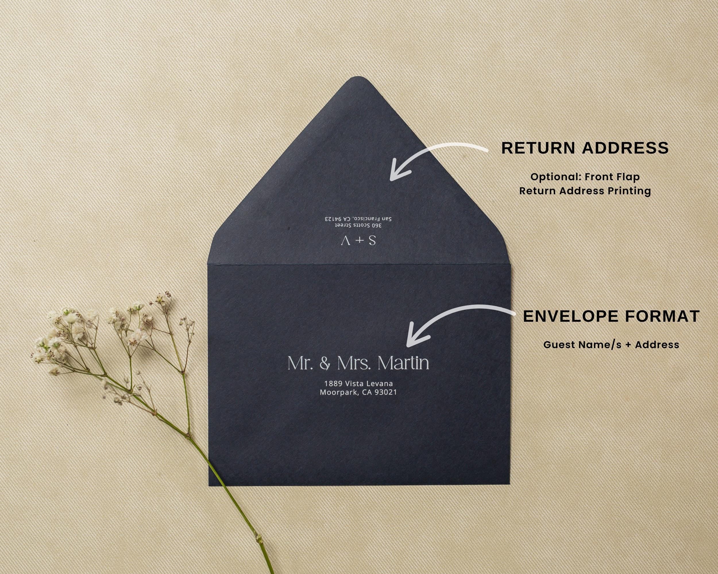 A7 envelope address printing (d5) - with white or black ink custom wedding guest invitation black navy green return envelopes personalized