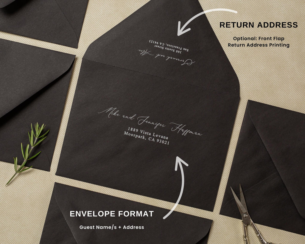 A7 envelope address printing (d4) - with white or black ink custom wedding guest invitation black navy green return envelopes personalized