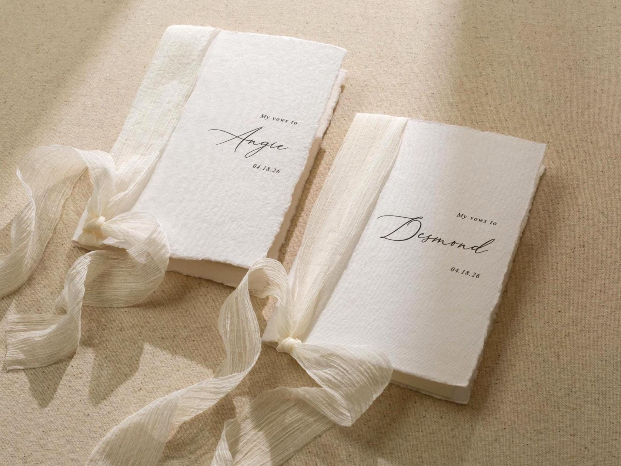 Personalized Deckled Edge Wedding Vow Booklets D4 - Set of 2, Vow Books w/ Ribbon, Vow Renewals, My Promises to, Custom Names and Date, 5x7"