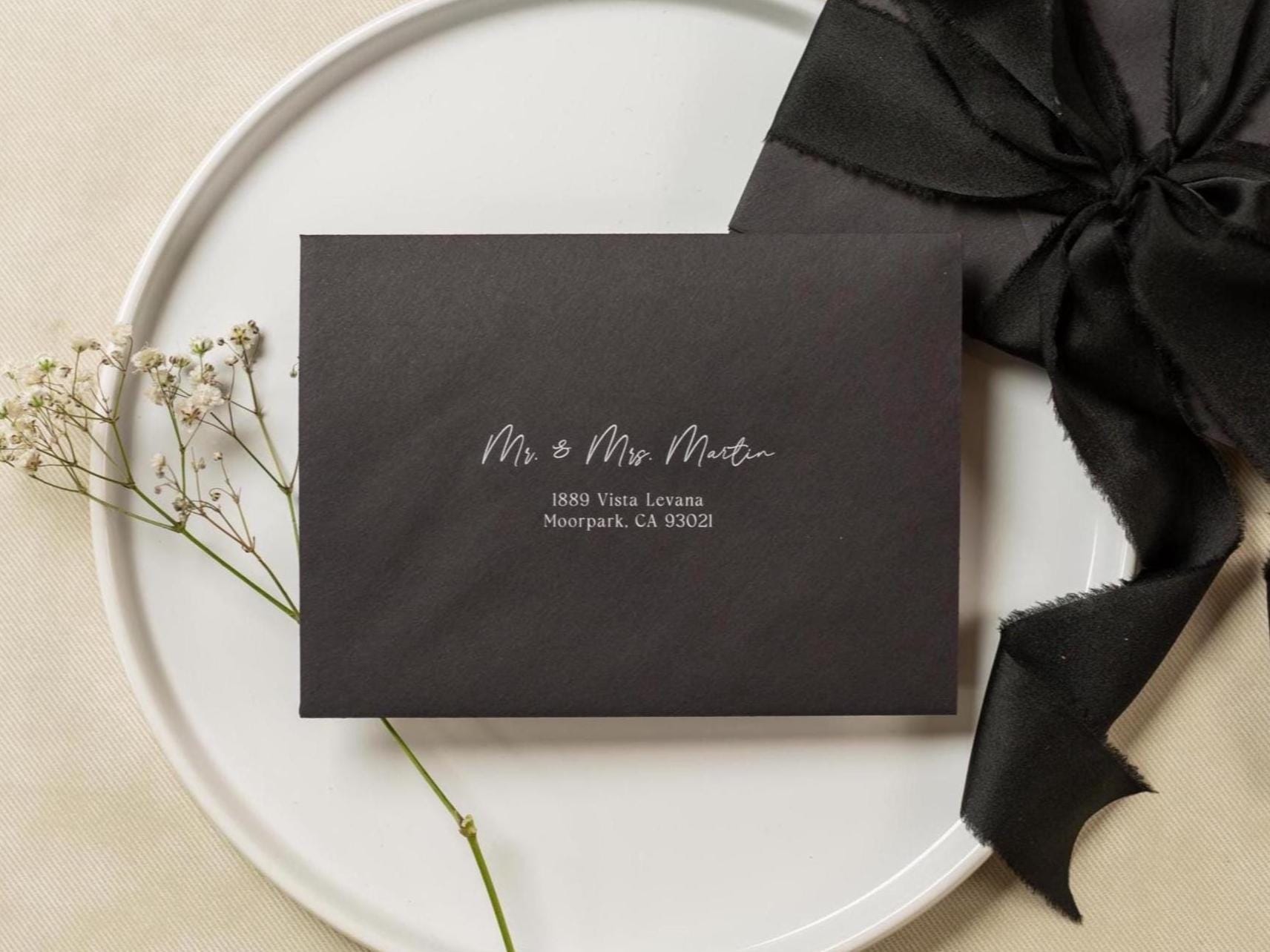 A7 envelope address printing (d1) - with white or black ink custom wedding guest invitation black navy green return envelopes personalized