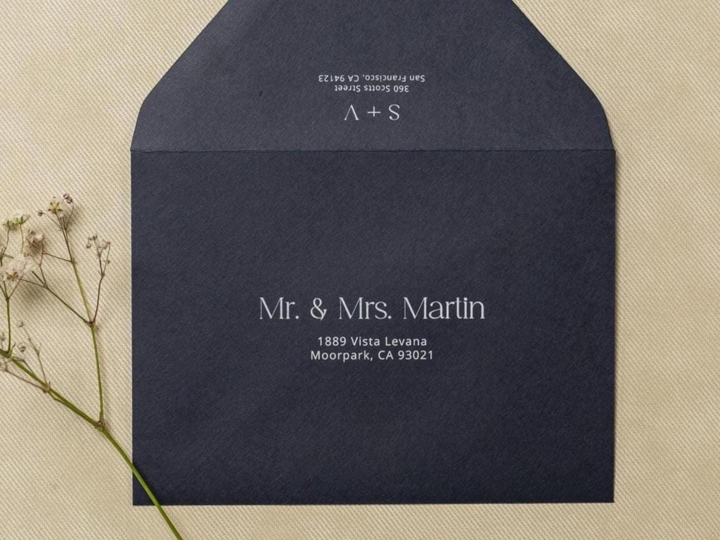A7 envelope address printing (d5) - with white or black ink custom wedding guest invitation black navy green return envelopes personalized