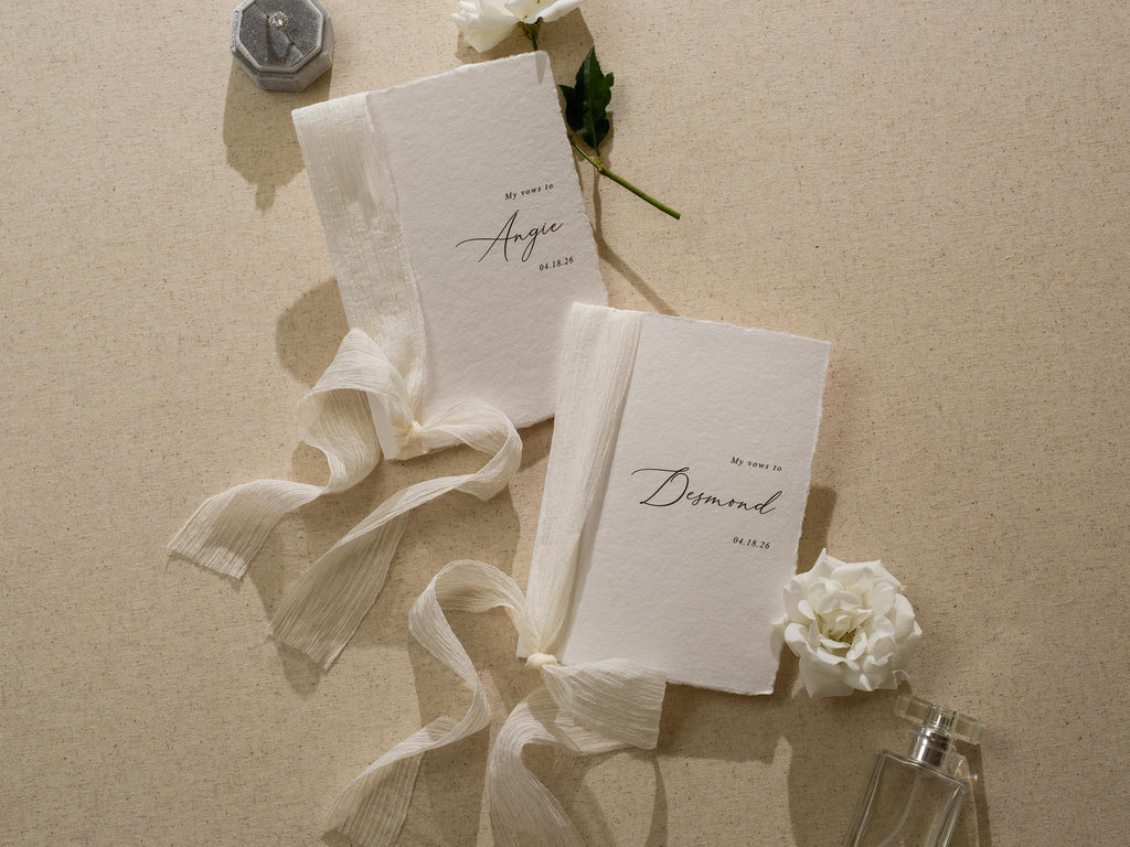 Personalized Deckled Edge Wedding Vow Booklets D4 - Set of 2, Vow Books w/ Ribbon, Vow Renewals, My Promises to, Custom Names and Date, 5x7"