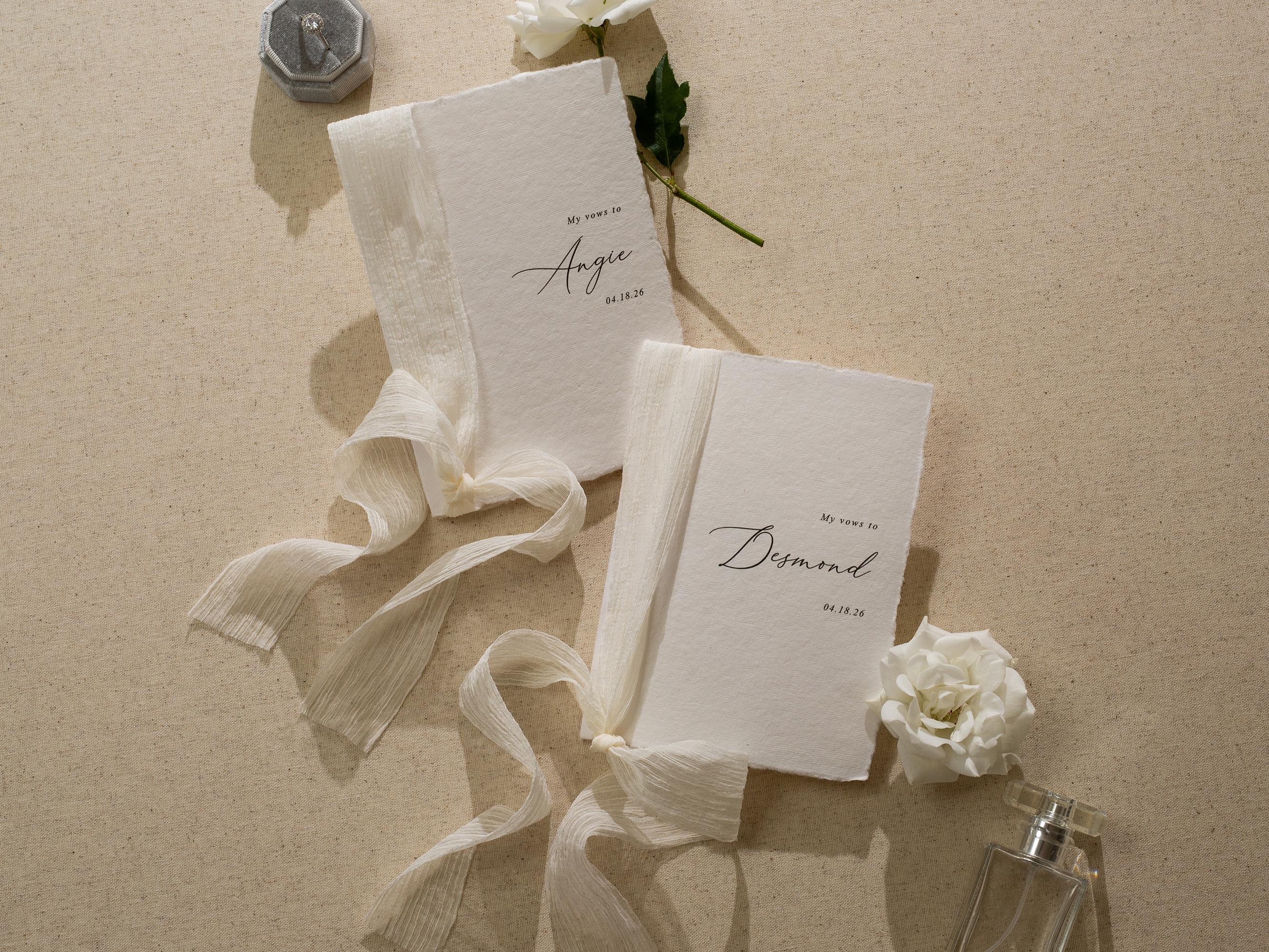 Personalized Deckled Edge Wedding Vow Booklets D4 - Set of 2, Vow Books w/ Ribbon, Vow Renewals, My Promises to, Custom Names and Date, 5x7"