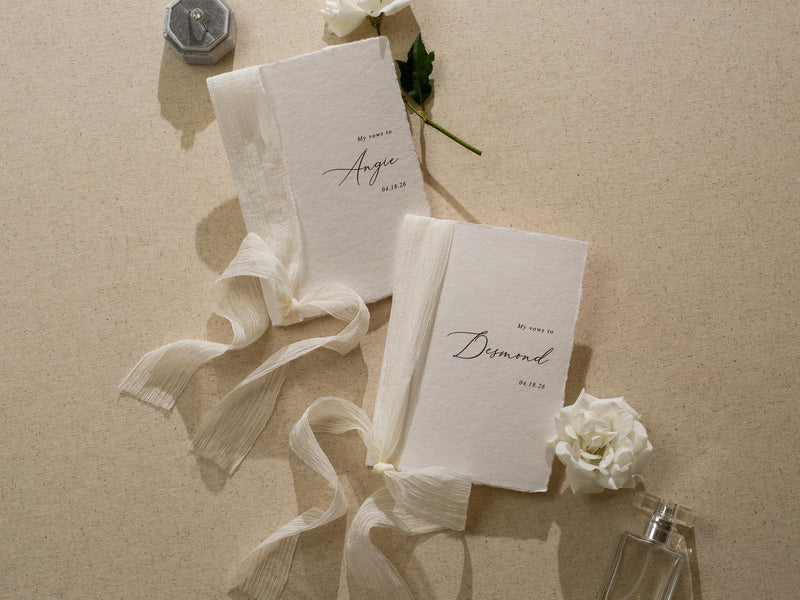 Personalized Deckled Edge Wedding Vow Booklets D4 - Set of 2, Vow Books w/ Ribbon, Vow Renewals, My Promises to, Custom Names and Date, 5x7"