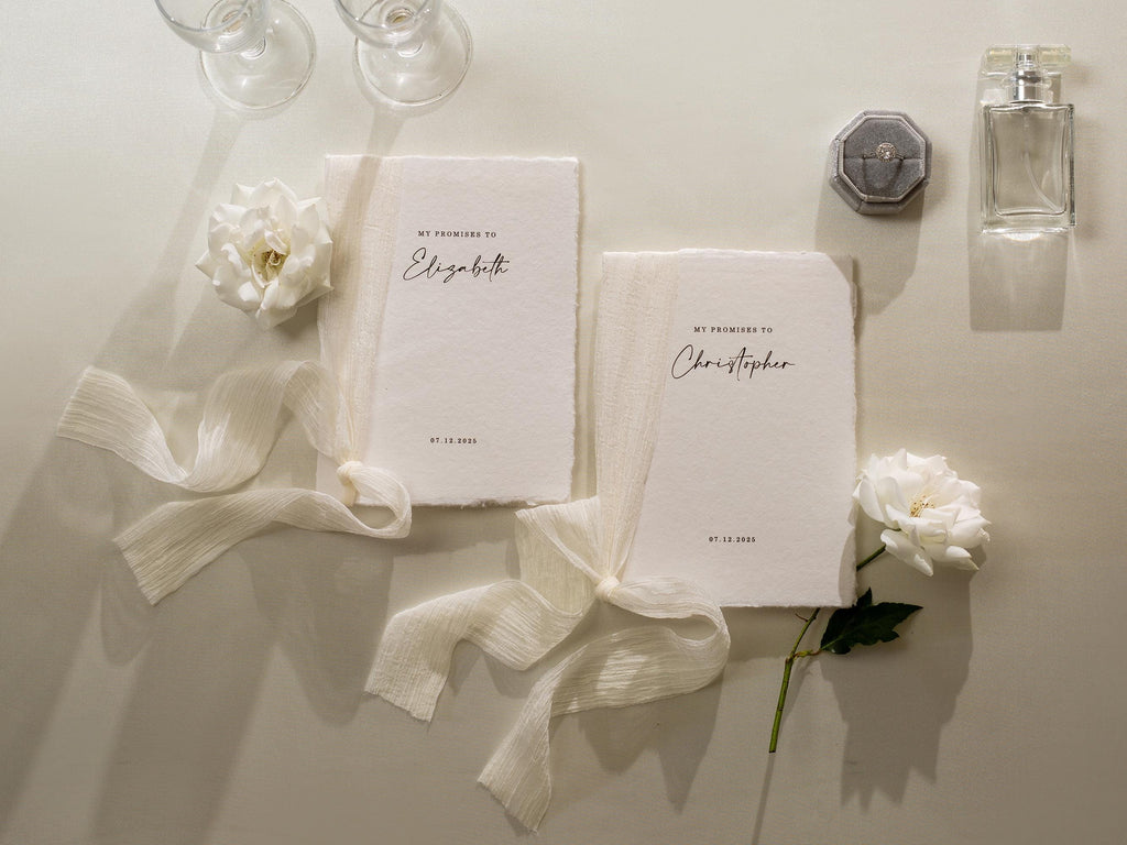 Personalized Deckled Edge Wedding Vow Booklets D2 - Set of 2, Vow Books w/ Ribbon, Vow Renewals, My Promises to, Custom Names and Date, 5x7"