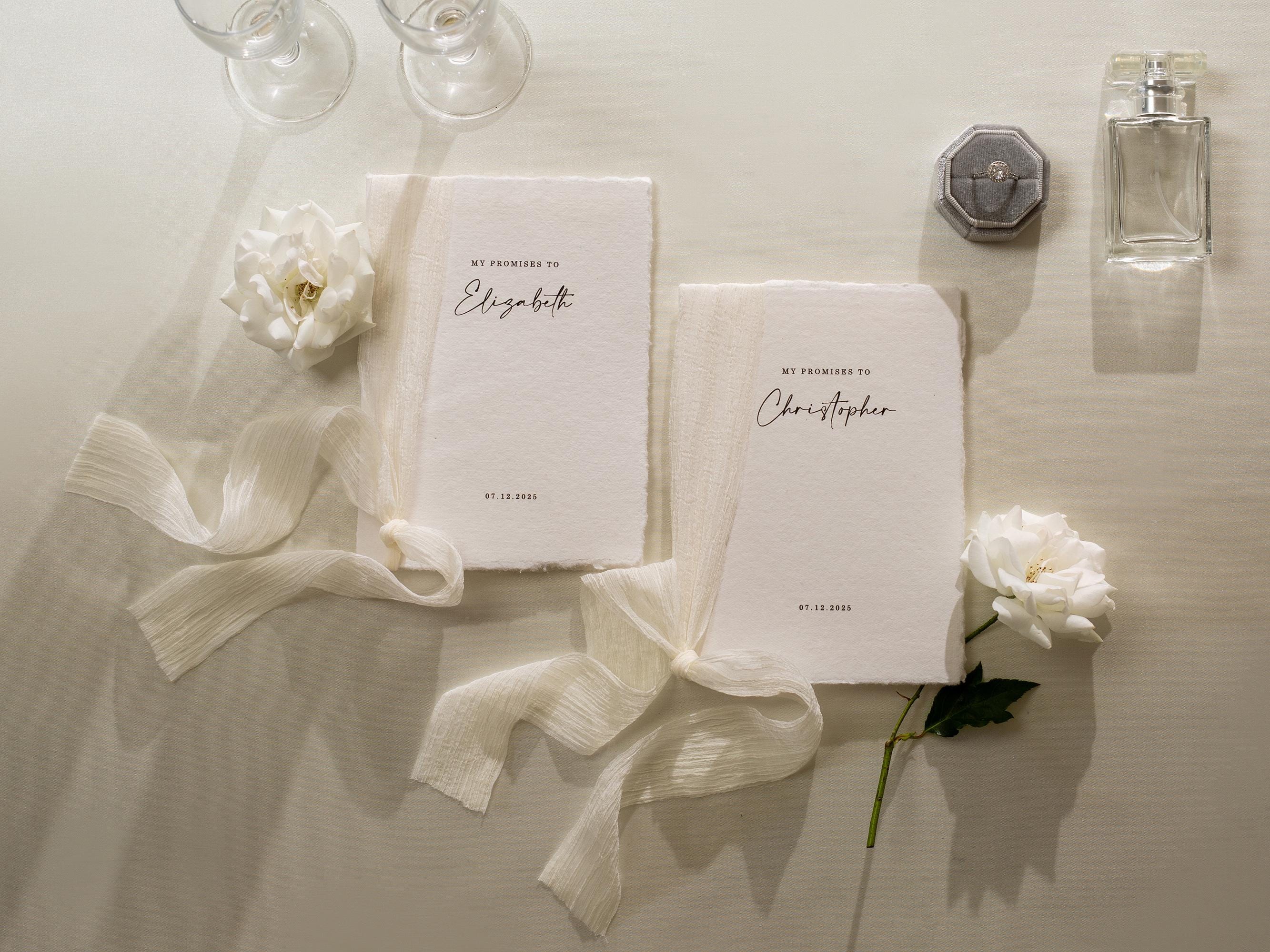 Personalized Deckled Edge Wedding Vow Booklets D2 - Set of 2, Vow Books w/ Ribbon, Vow Renewals, My Promises to, Custom Names and Date, 5x7"