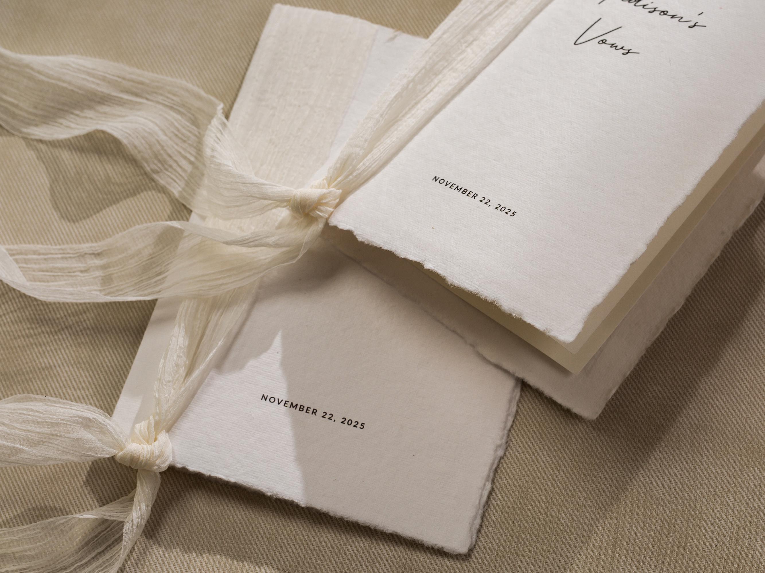 Personalized Deckled Edge Wedding Vow Booklets D1 - Set of 2, Vow Books w/ Ribbon, Vow Renewals, Husband Wife, Custom Names and Date, 5x7"