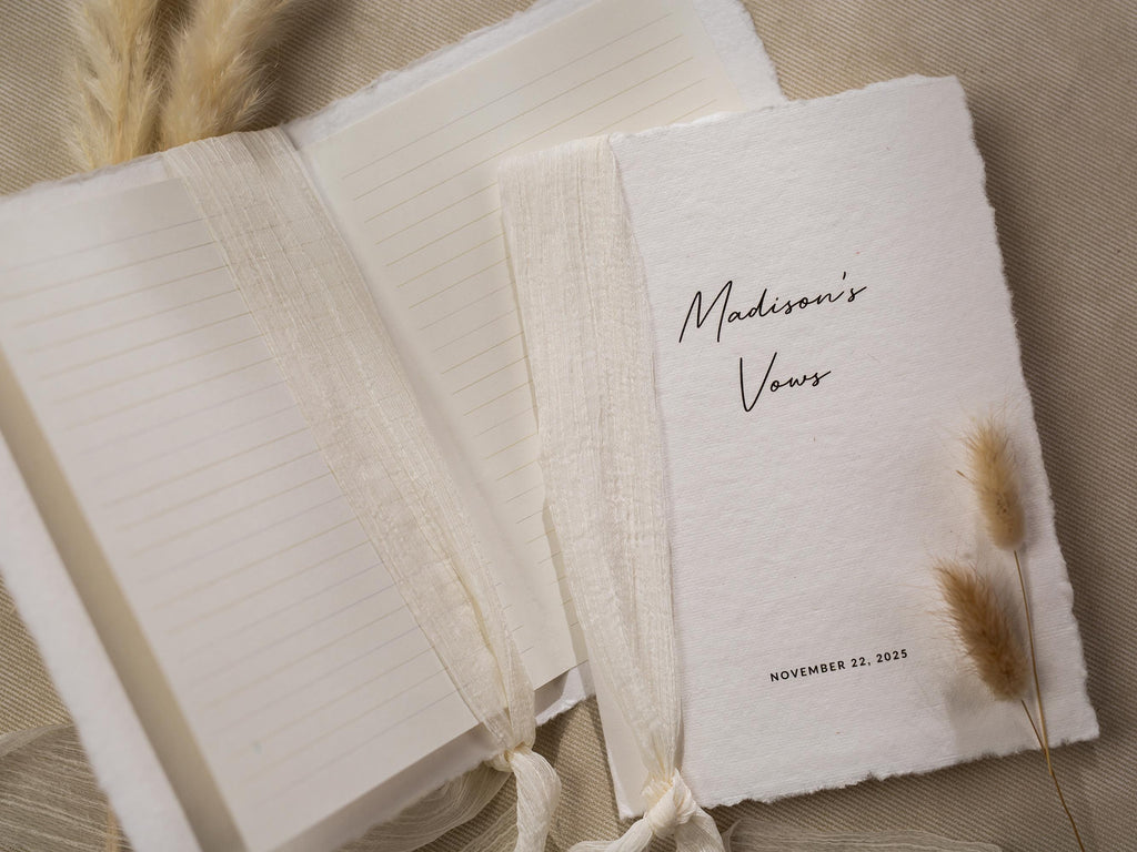Personalized Deckled Edge Wedding Vow Booklets D1 - Set of 2, Vow Books w/ Ribbon, Vow Renewals, Husband Wife, Custom Names and Date, 5x7"