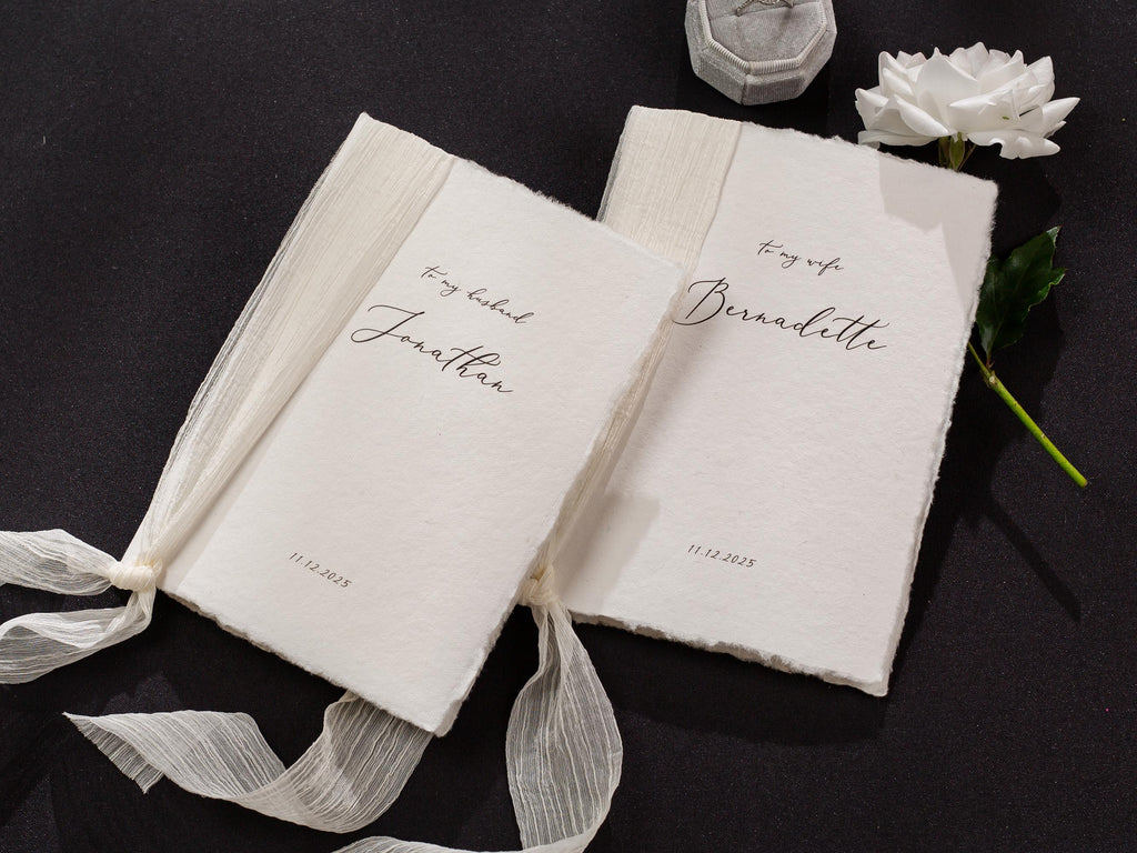 Personalized Deckled Edge Wedding Vow Booklets D3 - Set of 2, Vow Books w/ Ribbon, Vow Renewals, To My Husband Wife, Custom Names Date, 5x7"