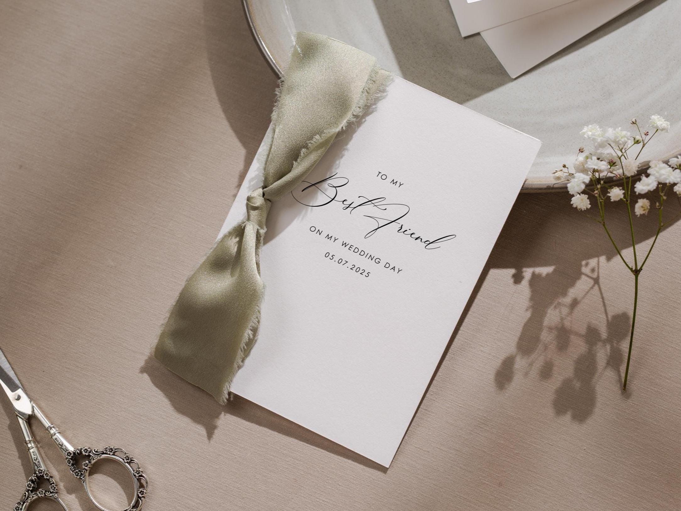 Wedding day folded card w/ ribbon (d2) - to my best friend maid of honor bridesmaid on my wedding day custom card with date