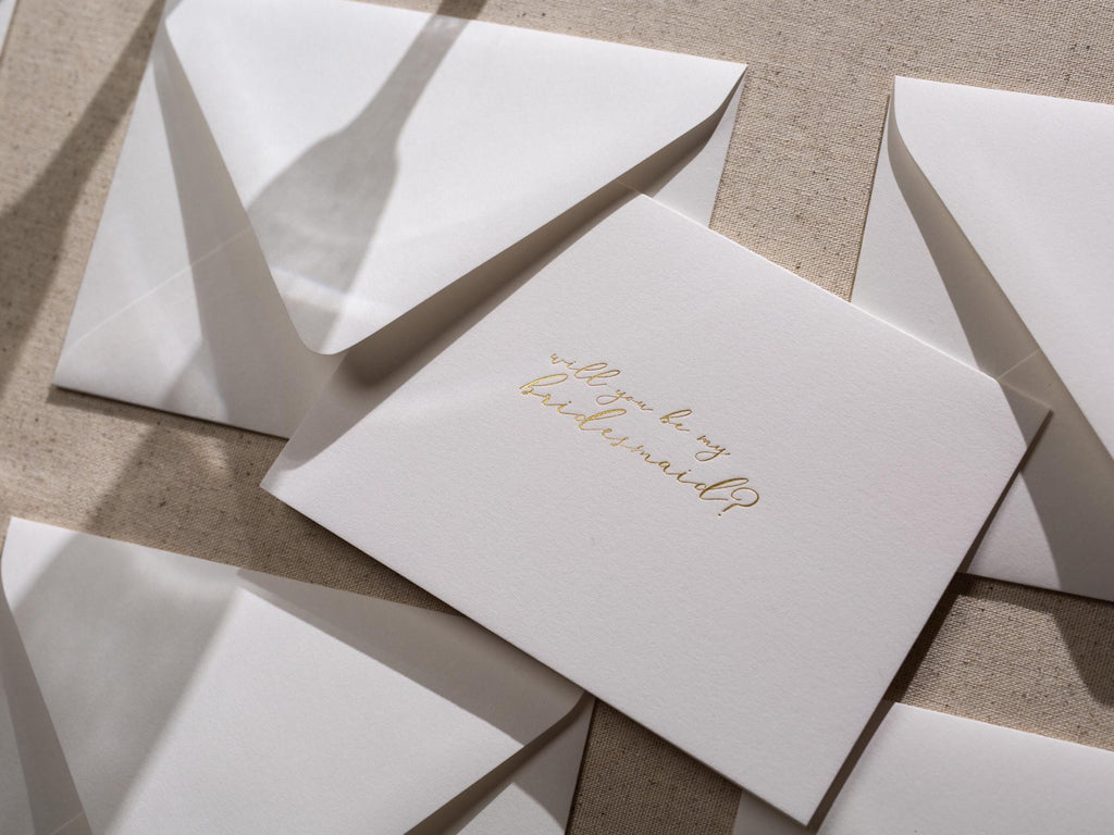 Gold Embossed Folded Card w/ Envelope (Bridesmaid) - Will You Be My Bridesmaid Proposal Card Minimalist Golden Letter Wedding Stationery