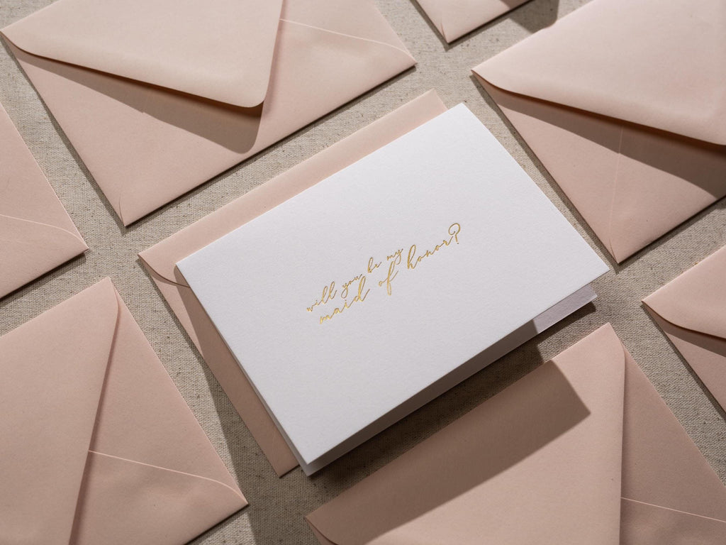 Gold Embossed Folded Card w/ Envelope (Maid) - Will You Be My Maid Of Honor Elegant Bridesmaid Proposal Card Wedding Planning Essential