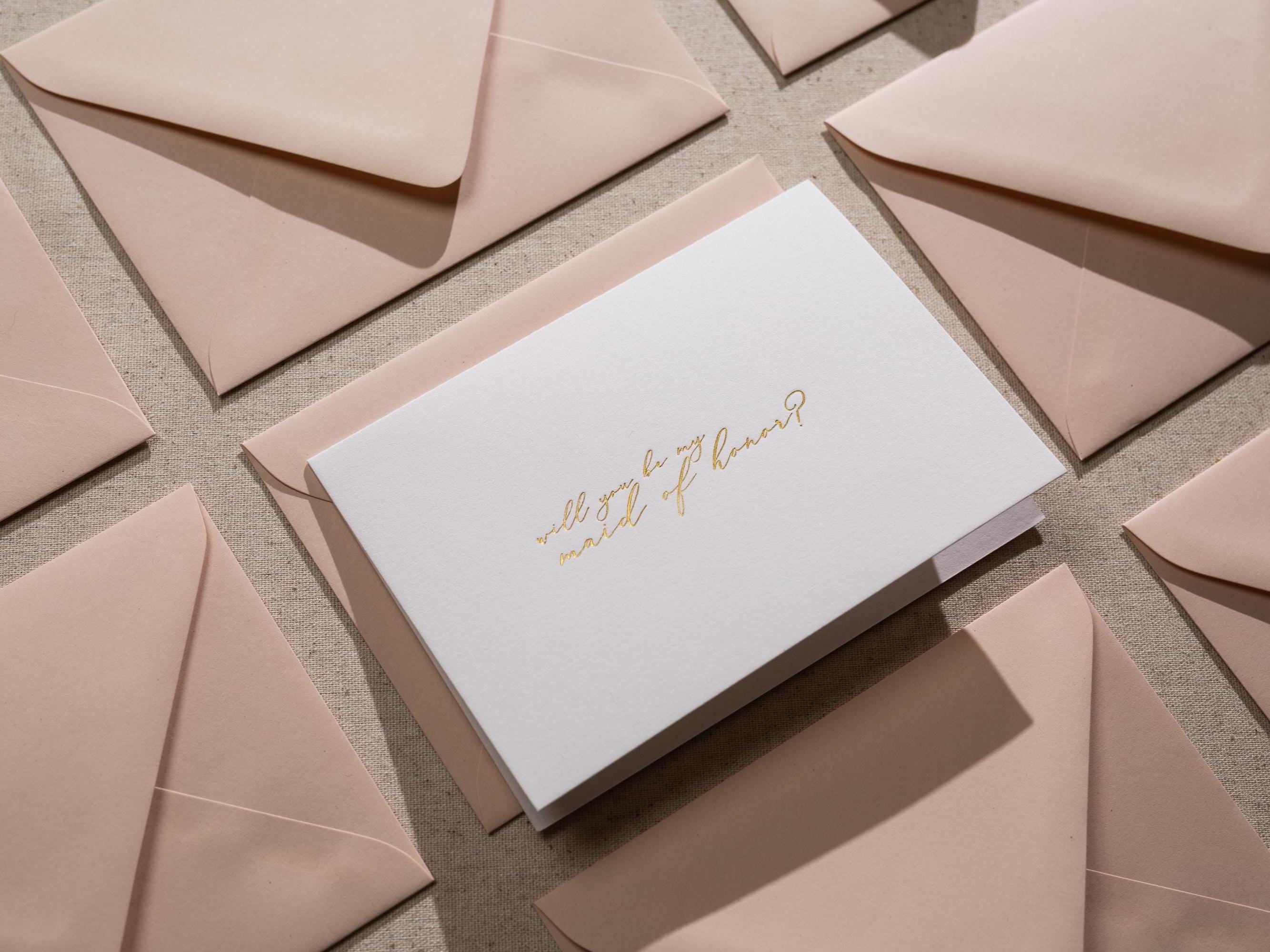Gold Embossed Folded Card w/ Envelope (Maid) - Will You Be My Maid Of Honor Elegant Bridesmaid Proposal Card Wedding Planning Essential