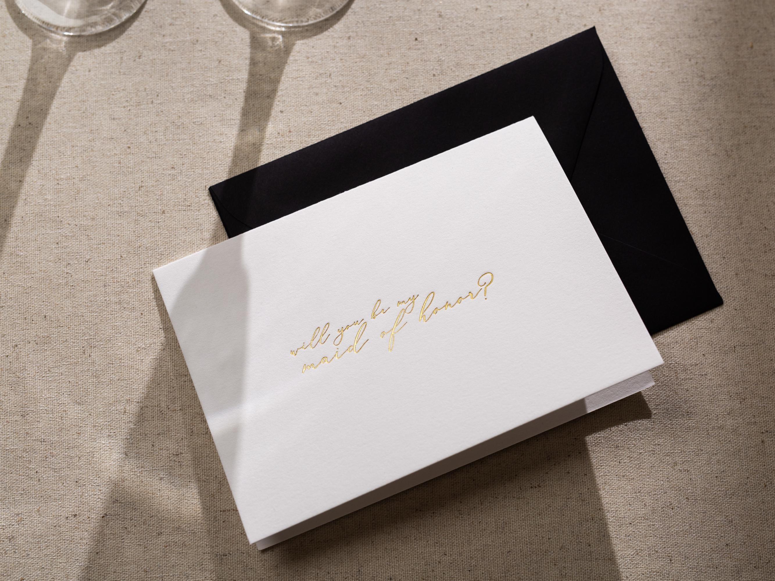 Gold Embossed Folded Card w/ Envelope (Maid) - Will You Be My Maid Of Honor Proposal Card Bridesmaid Wedding Stationery Thank You Letter