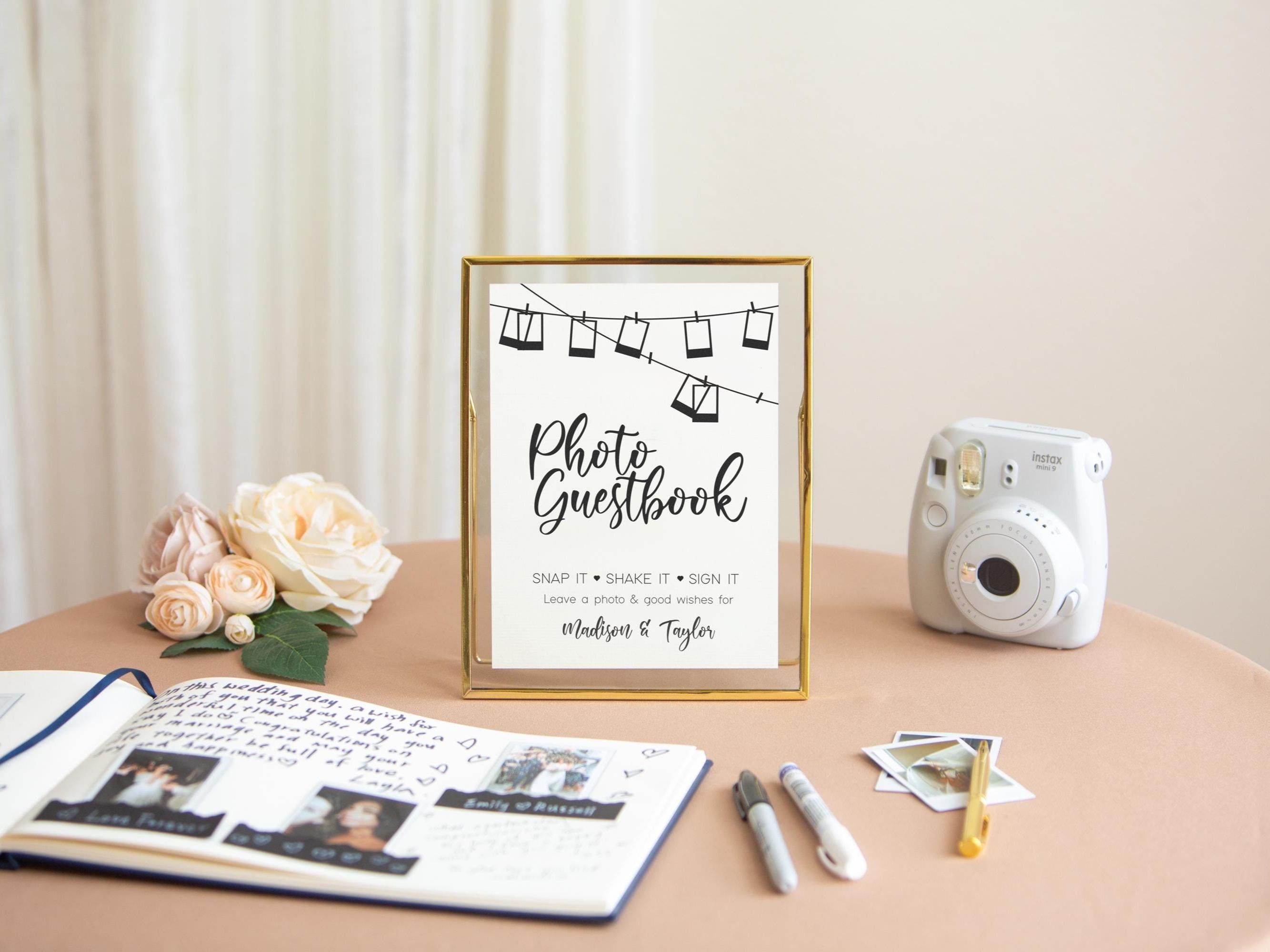 Paper Sign with Gold Frame (Design 2) - Snap It Shake It Sign Our Guest Book Sign for Wedding Reception Personalized Photo Guestbook Sign